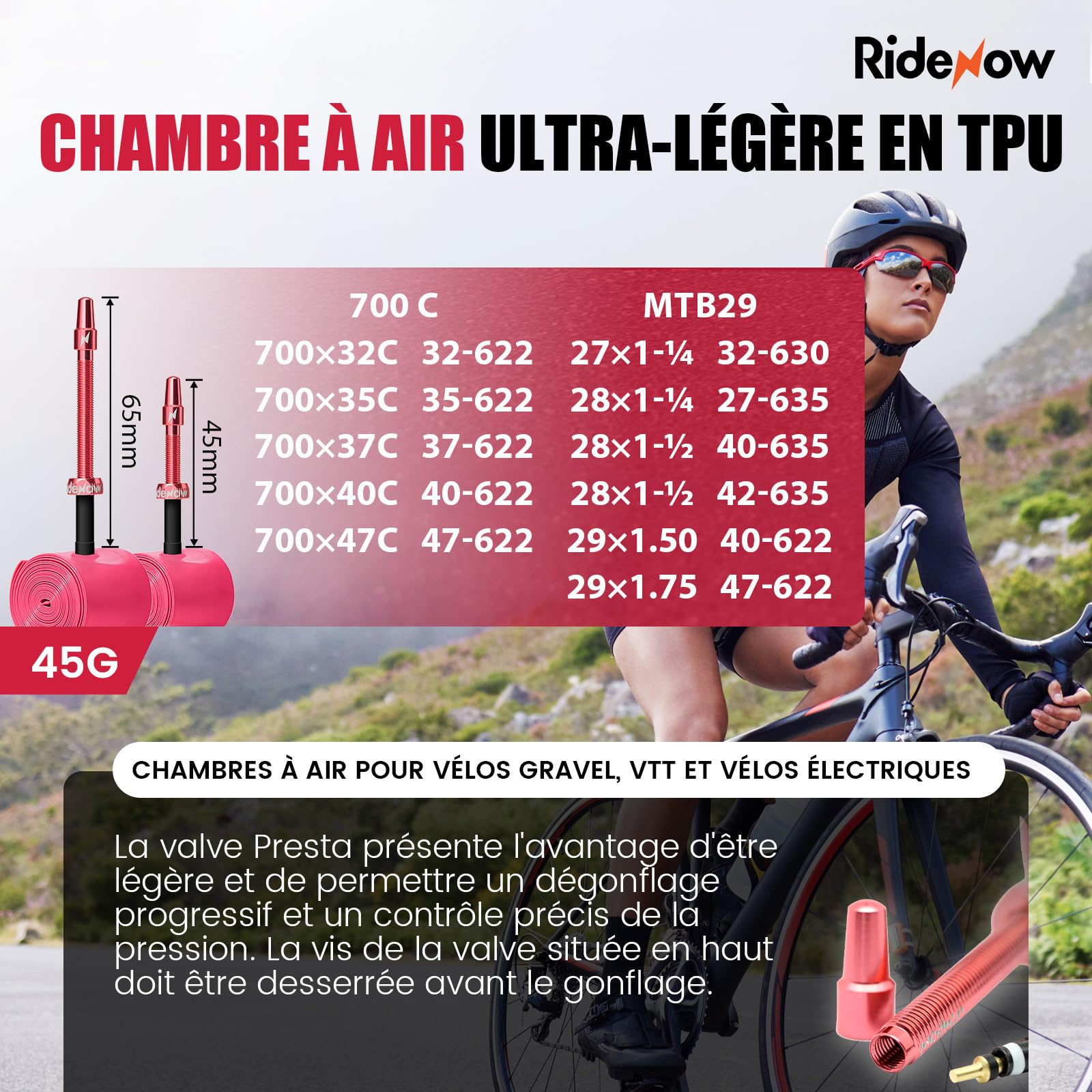 RideNow Lot de 2 chambres à air en TPU Gravel 700 x 32-47C VTT 27-29", ultra légères