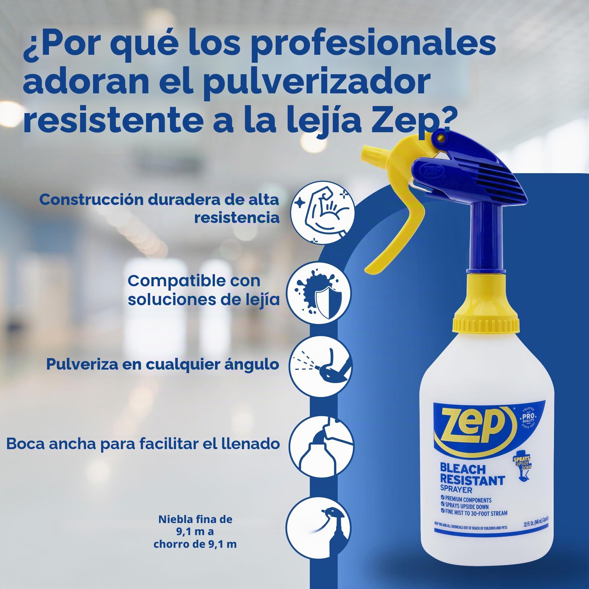 Zep New Bleach Resistant Professional Sprayer 2.0 Bottle 32 Ounces - 30 Foot Spray, Adjustable Nozzle