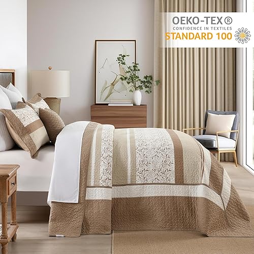 Miniatura 3 de Finlonte Juego de edredones de tamaño Queen, diseño floral de retazos reales azul y gris, a cuadros, 100% algodón, reversible, ligero, suave, juego