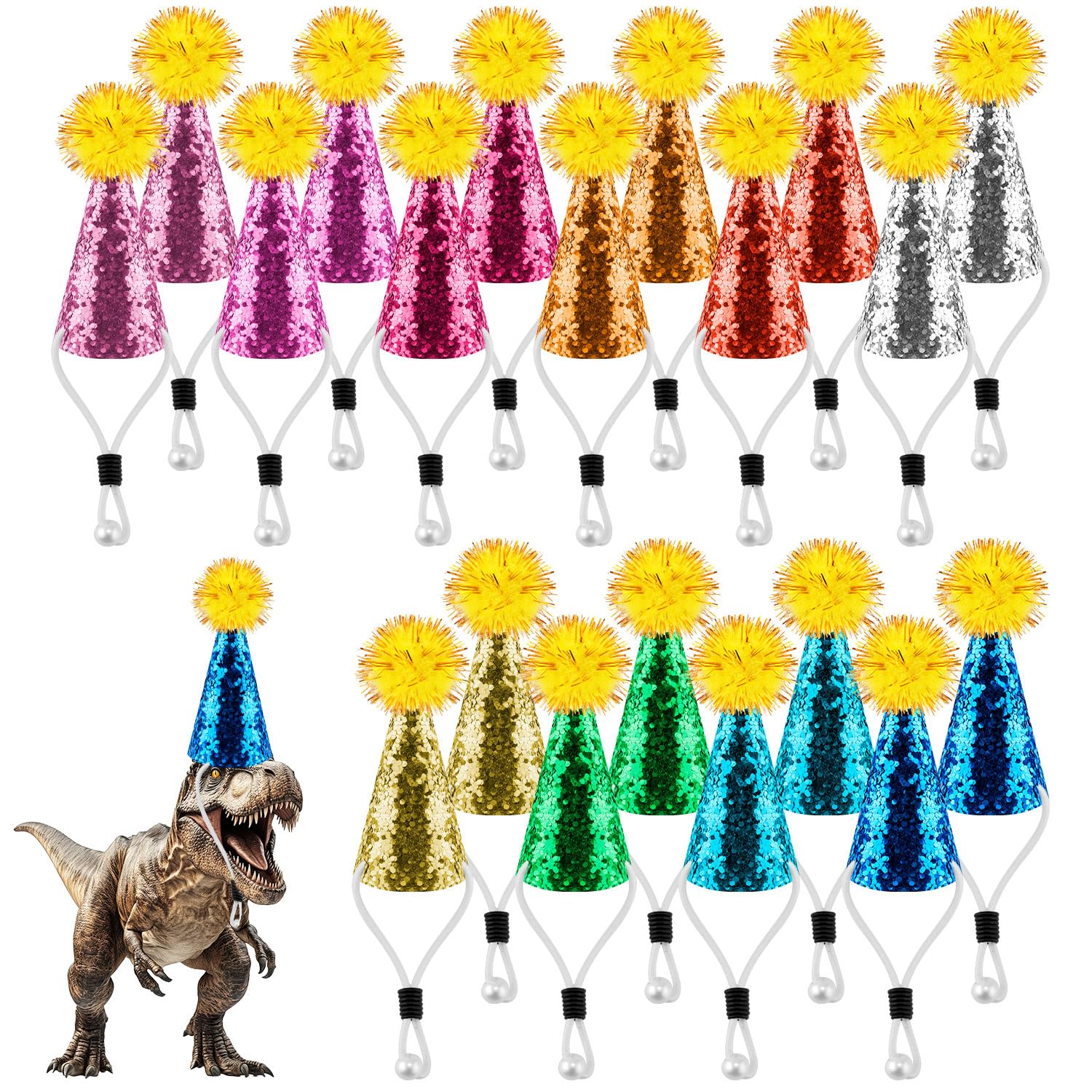 BOXOB 20pcs Mini Birthday Party Hats for Stuffed Animals, Elastic Band Design Glitter Tiny Cone Party Hats with Glitter Poms for Birthday Toy Animals