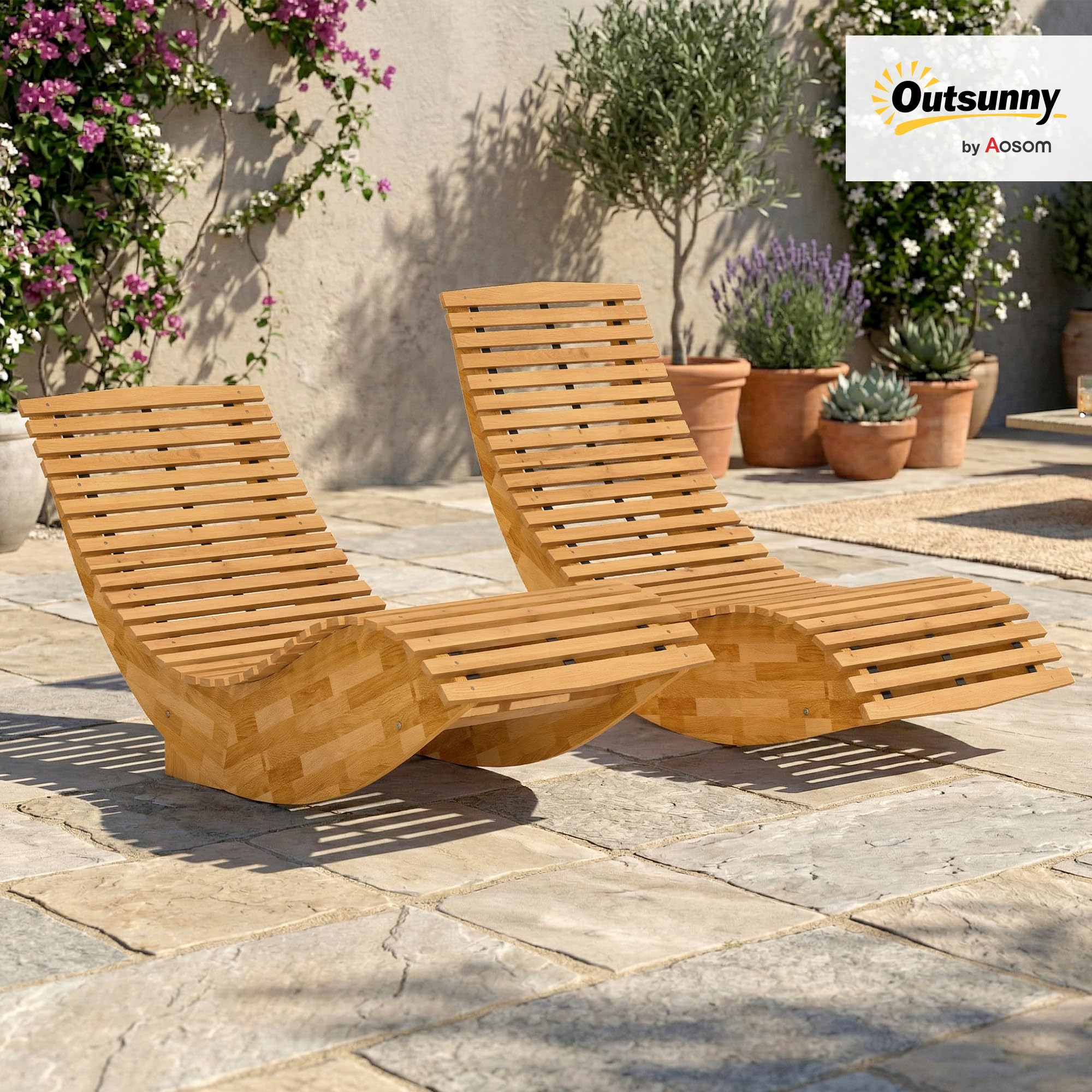 Outsunny Pack de 2 Sillas Mecedoras de Jardín de Madera, Mecedoras para Exterior Ergonómica Plegables con Diseño Listonado, para Balcón, Terraza, Patio, Carga 120 kg, 60x156x77 cm, Natural
