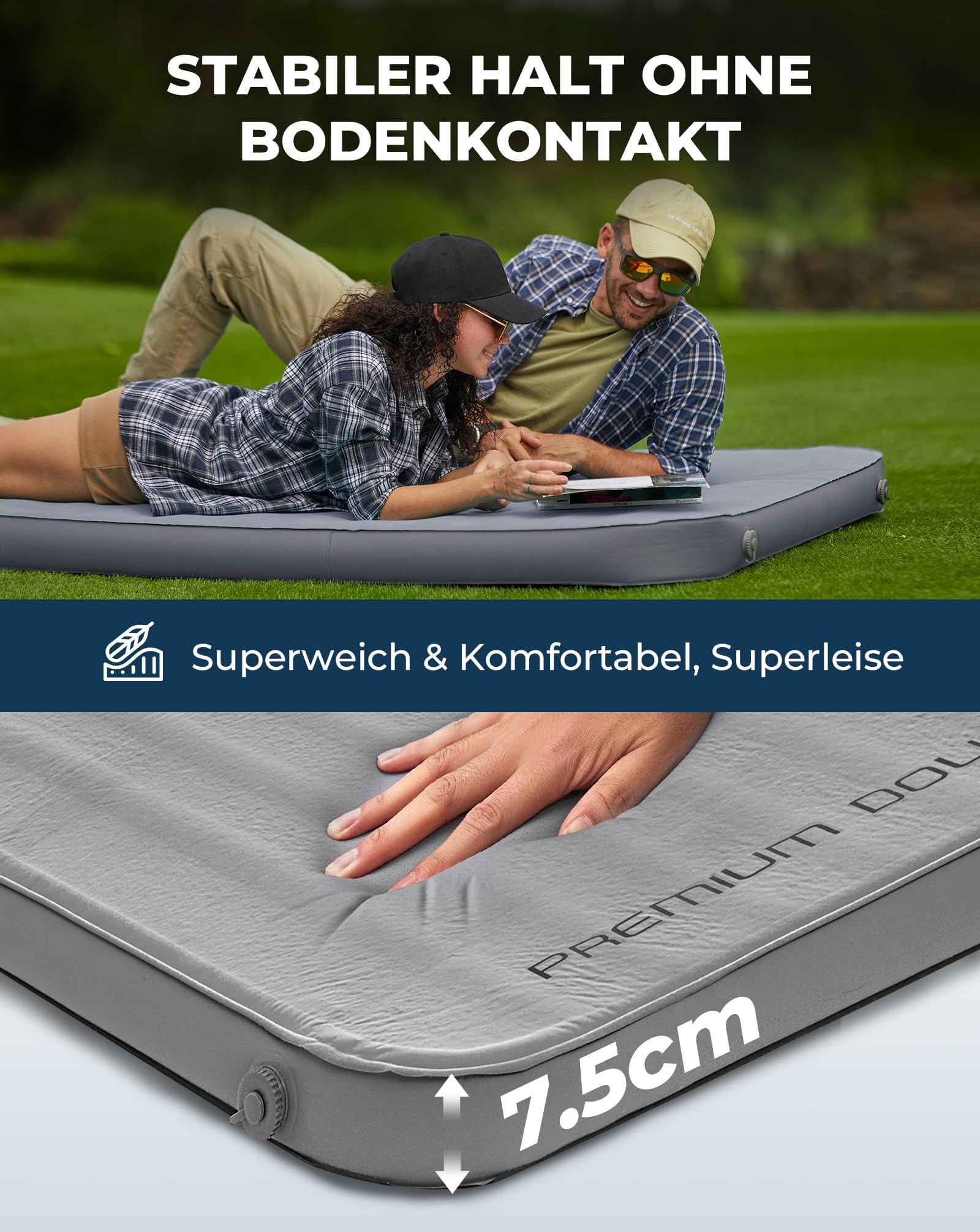 KingCamp Podwójny samopompujący materac kempingowy - niezrównane wsparcie i najwyższy komfort, grubość 7,5 cm, ściany 3D, 4 pory roku R7.5, kompaktowy do glampingu