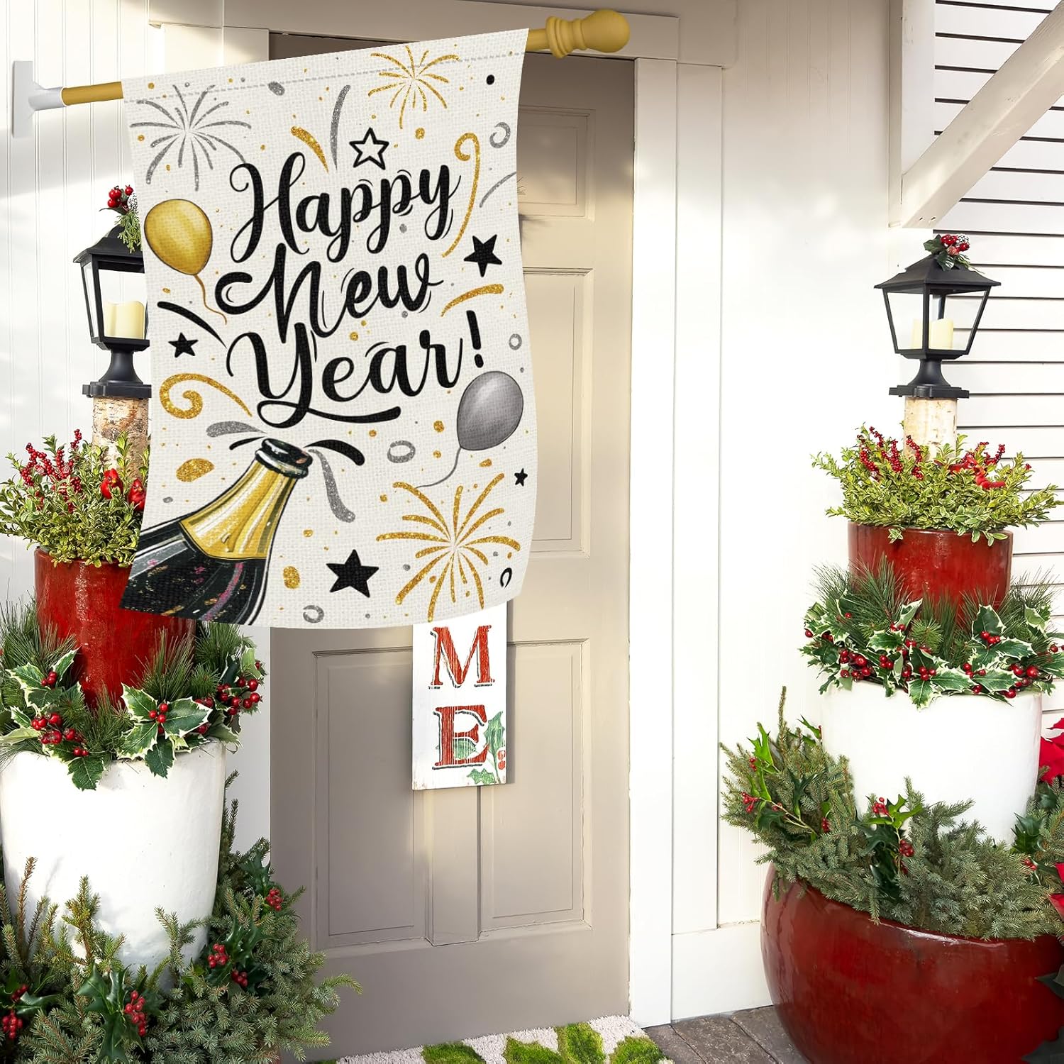 Heyfibro Happy New Year Garden Flag 28x40 Inch Double Sided Burlap Firework Christmas Champagne Balloon Celebration Banner for Winter Holiday Party Yard Outdoor Decoration(ONLY FLAG) - Image 3