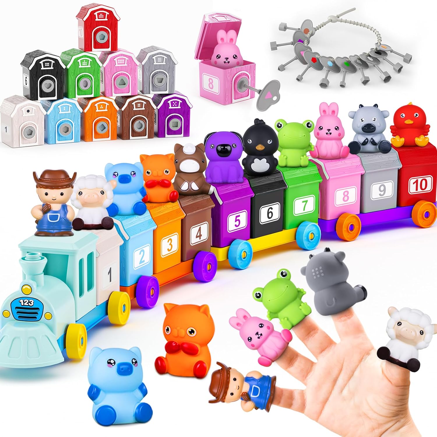 Learning Toy for Toddlers 1 2 3 4 Year Old, Counting, Matching, Sorting, Fine Motor Skills, Montessori Train Toys, 10 Farm Animals, Finger Puppet, Keys and Barns, Birthday Gifts for Baby Boys Girls