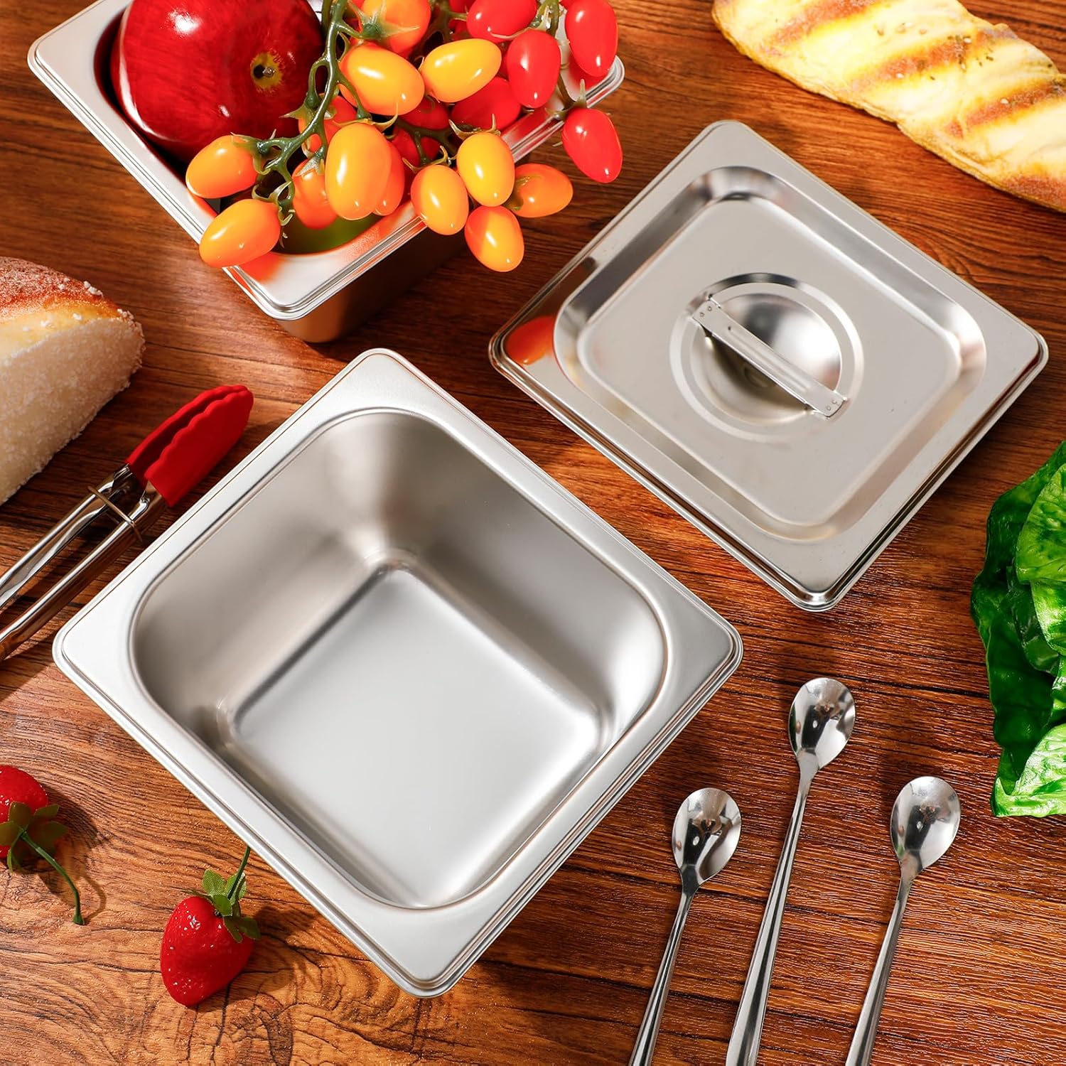 Rtteri 16 Pack 1/6 Stainless Steel Pans with 16 Lids and 2 Tongs 4 Spoons 6 Inch Deep Hotel Pans Catering Food Storage Containers for Commercial Steam Table Hotel Restaurant Buffet Supplies