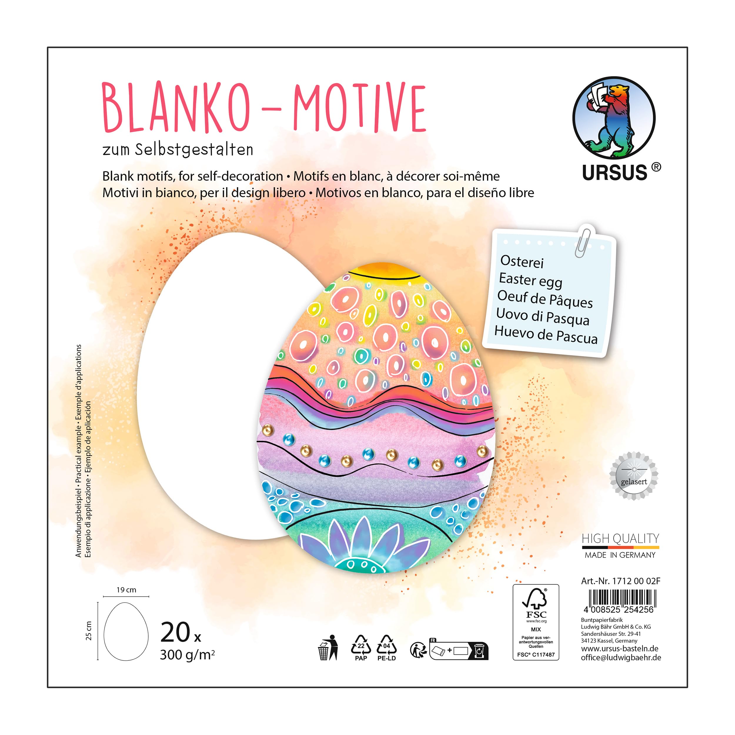 Ursus 1712 00 02F Blank Motifs Easter Egg, 20 Pieces Made of 300 g/m² Photo Cardboard, 25 x 19 cm, DIY Craft Paper for Colouring, Gluing, Cutting and Designing Yourself