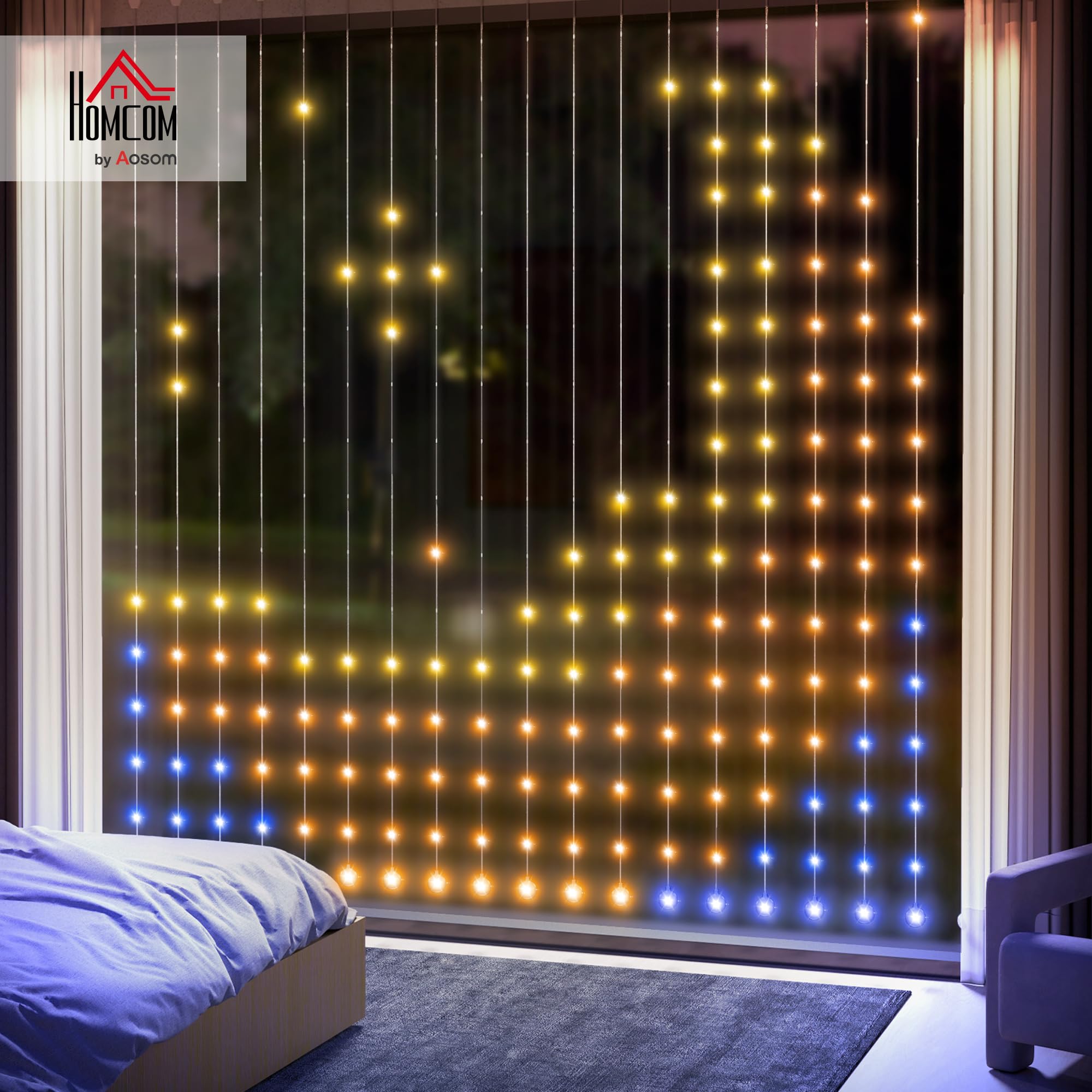 HOMCOM Lichterkette 3×3m 400 LEDs Lichtvorhang Verstellbare Helligkeit | Musik-Synchronisation, Szenenmodi, Timerfunktion, Lichterkettenvorhang, Innen Außen, IP44, Hochzeit, Party, Weihnachten