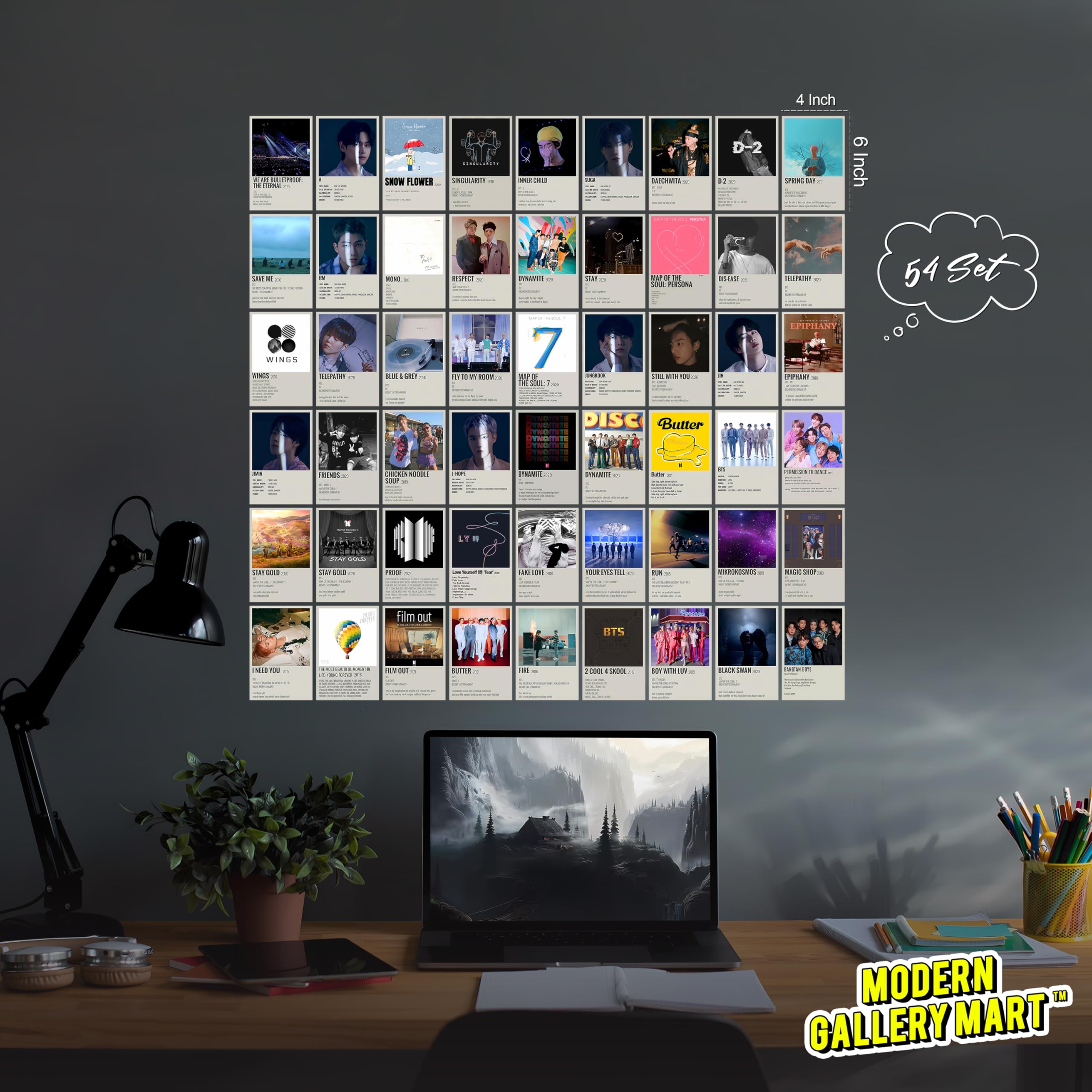 MODERN GALLERY MART BTS Wall Collage Kit ? Pack of 54 Aesthetic Photo Cards ? (A6 Size 4x6 Inch) ? Kpop Wall Decor for Bedroom, Dorm, or Gifts for BTS Fans 1