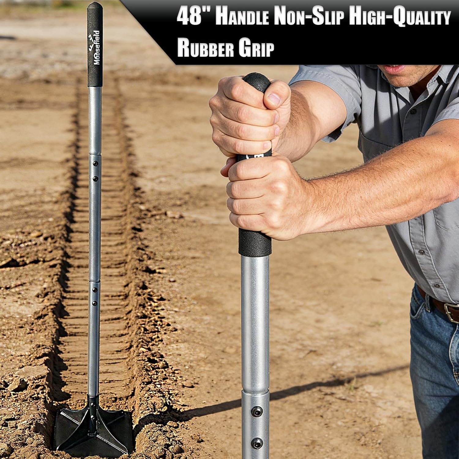 Moosefield Steel Tamper 9"×9" with 48 inch Handle and Rubber Grip Ideal Garden Landscaping Manual Rammer Compactor for Earth Soil Asphalt, Gravel and Dirt Compaction Levelling Paver Tool