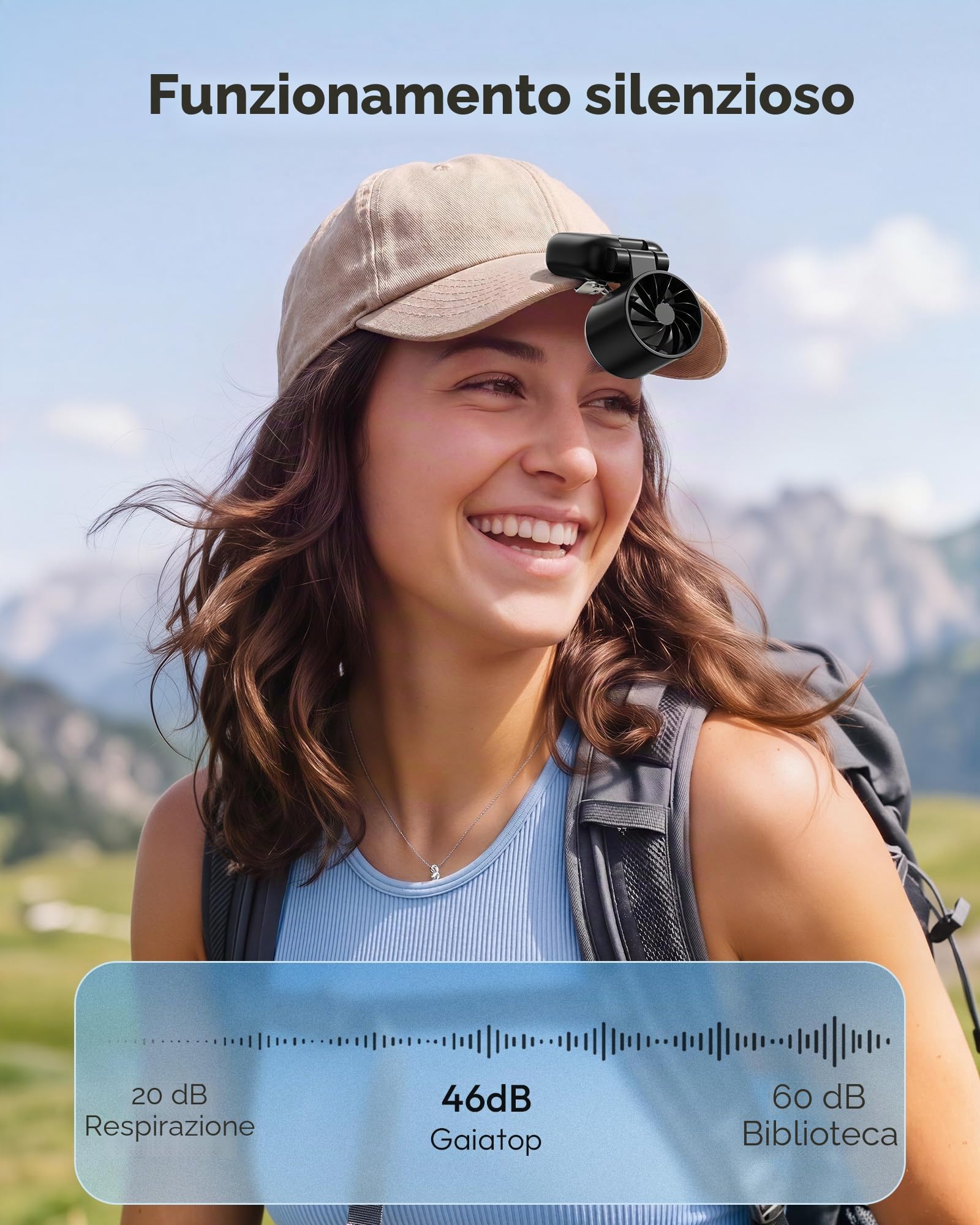 gaiatop Ventilatore a clip per cappello, ventilatore turbo portatile a 3 velocità, mini ventilatore a mani libere, pieghevole a 180°, ventilatore personale per golf all'aperto, viaggi, (nero)