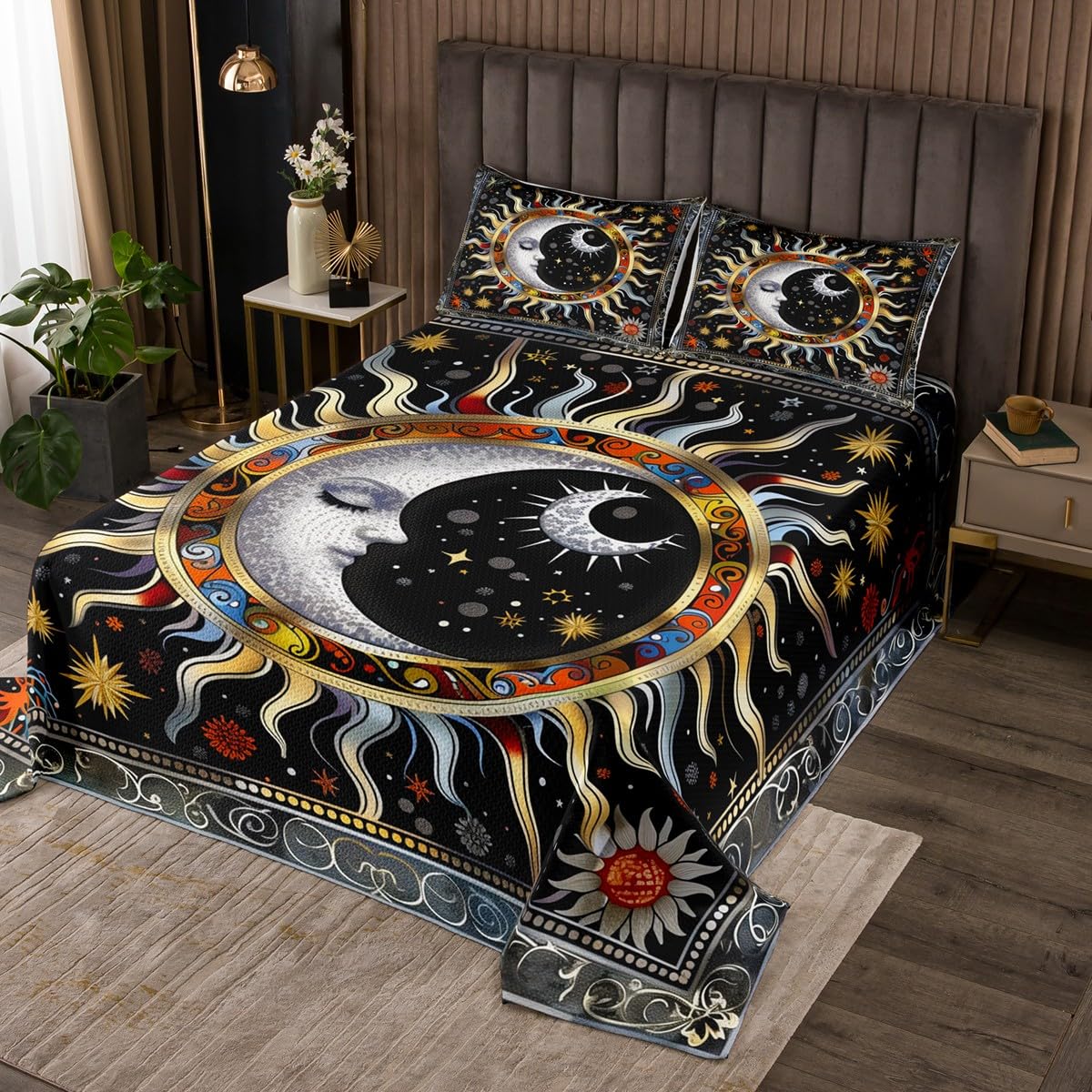Homemissing Sun and Moon Quilted Bedspread Black White Gold Quilted Bedspread for Kids Boys Girls Boho Exotic Style Coverlet Set Bohemian Floral Quilted Bedroom Collection 3Pcs Double