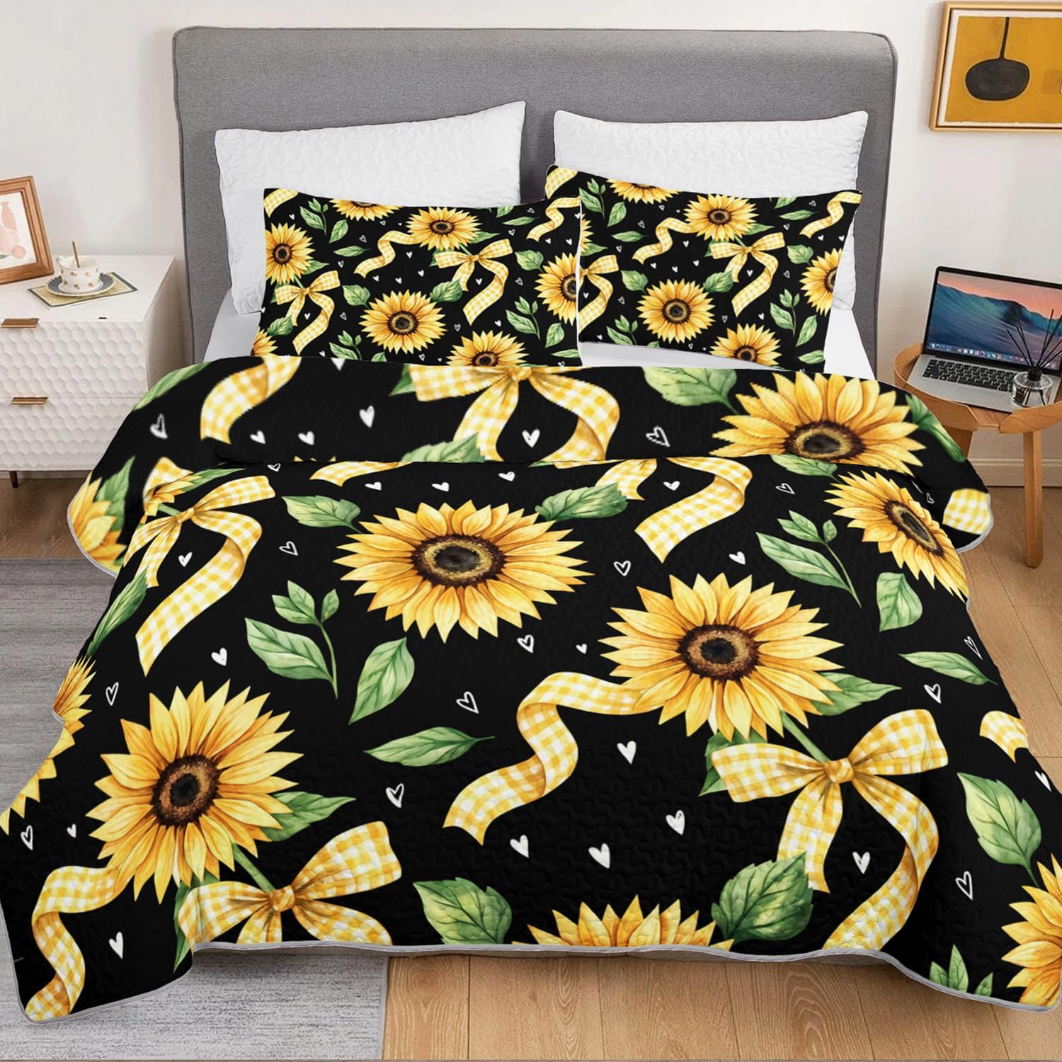 HOSIMA Sunflower Quilt Queen Size for Girls Women Bedroom Decor,Yellow Gingham Bow Print Floral Bedspread,Black Background Rustic Bedding with 2 Pillowcases for All Seasons.