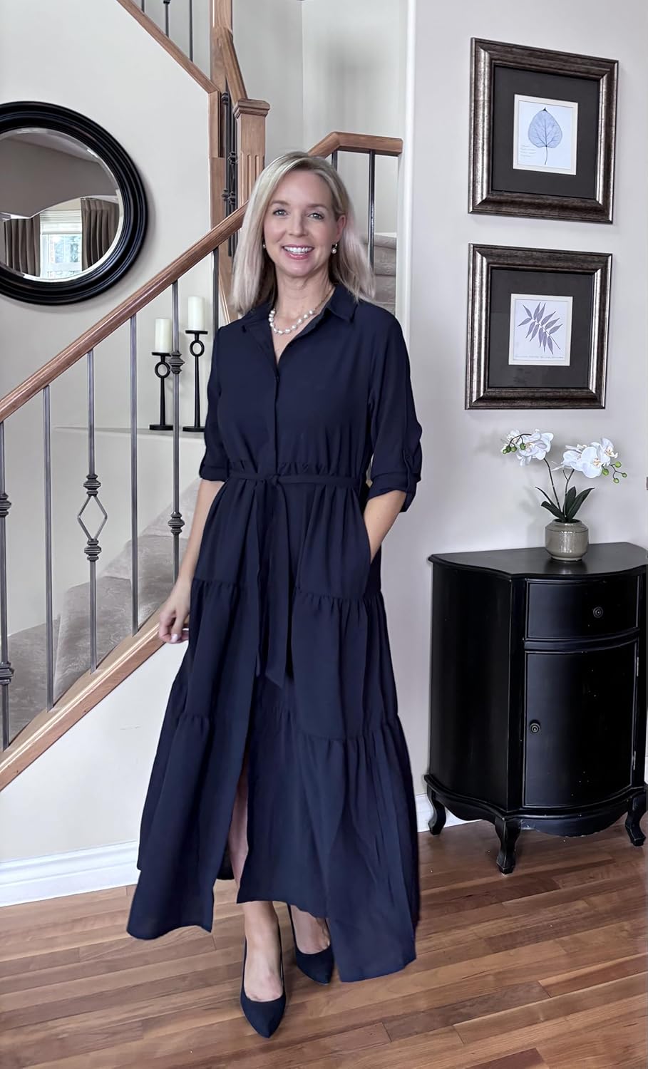 ECOWISH Women's Maxi Shirt Dress - 2026 Long Sleeve Button Casual Fall A-line Work Tiered Dresses with Belt and Pockets - Image 7