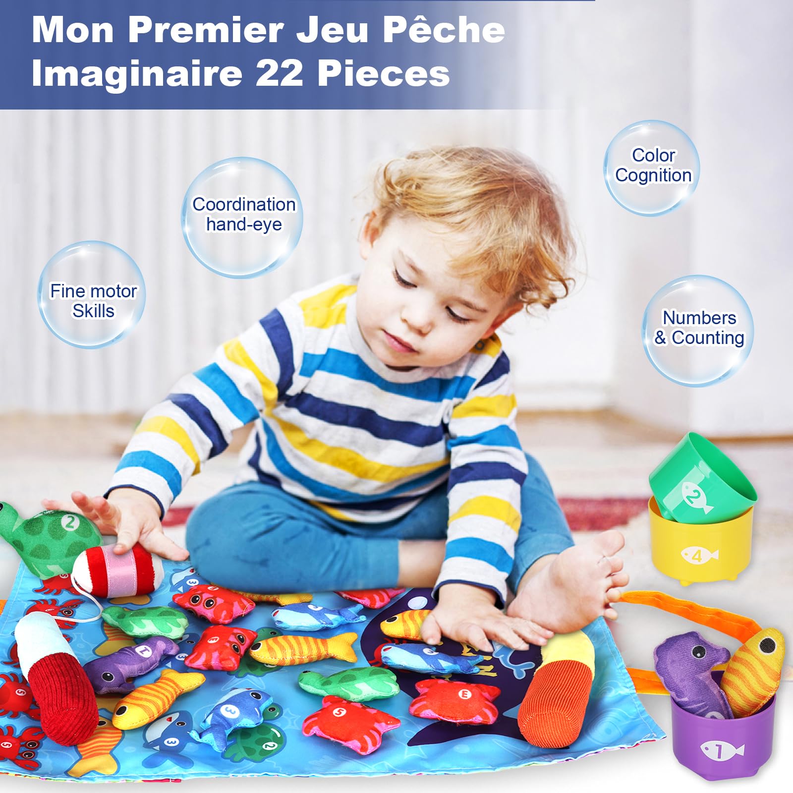 Rincalivestra Jeu De Pêche à La Ligne Montessori – 22 Pièces, Poissons En Feutre, Canne à Pêche, Seaux Et Tapis De Rangement, Pour Bébés De 1 à 3 Ans