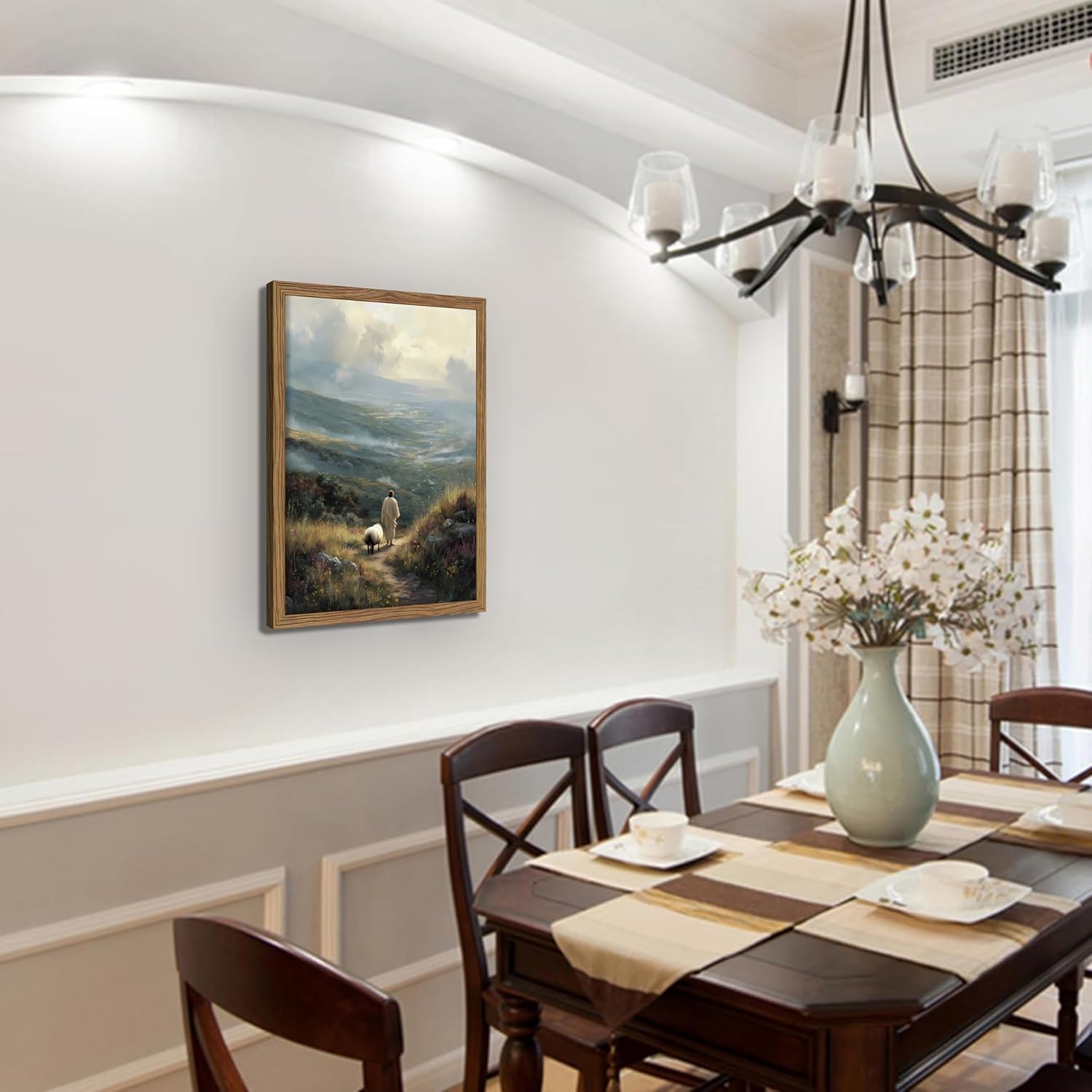 Framed Christian Wall Art Jesus Pictures Canvas Prints, Vintage Jesus Shepherding Gifts of Christian, Religion Wall Decor Painting, Religious Artwork for Bedroom Prayer Room – 12x16in