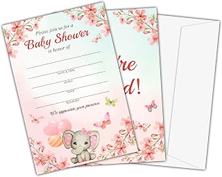Baby Shower Invitations For Girls, Pink Elephant Baby Invitation With Envelopes, Blush Floral Gender Neutral Invites, 25 Sets (B11)