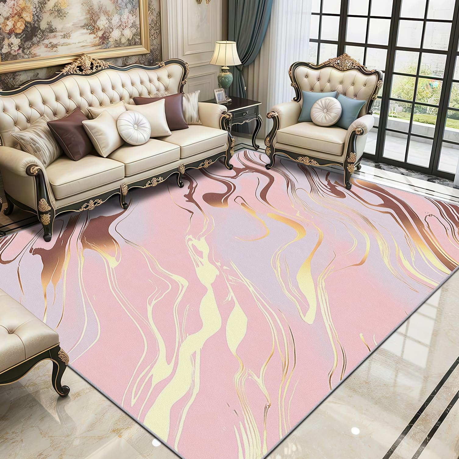 Marble Rug - Pink and Gold Abstract Small Rugs for Bedroom 50x80, Modern Luxury Floor Mat Soft Washable Non Slip Indoor Mats