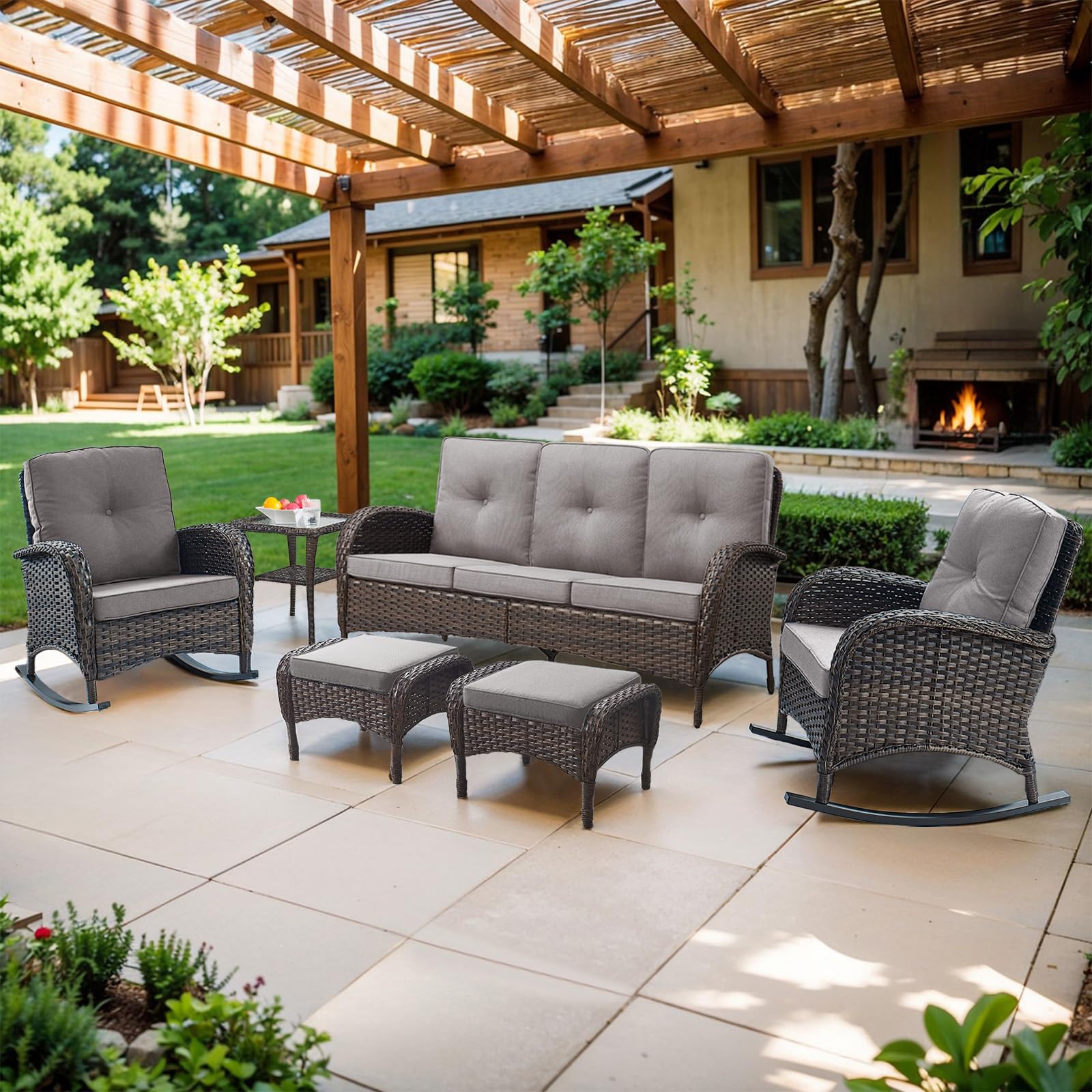 All Weather Rattan Wicker Ottoman Seat, Patio Rattan Furniture, Outdoor Footstool Footrest Seat W/Removable Cushions (Beige