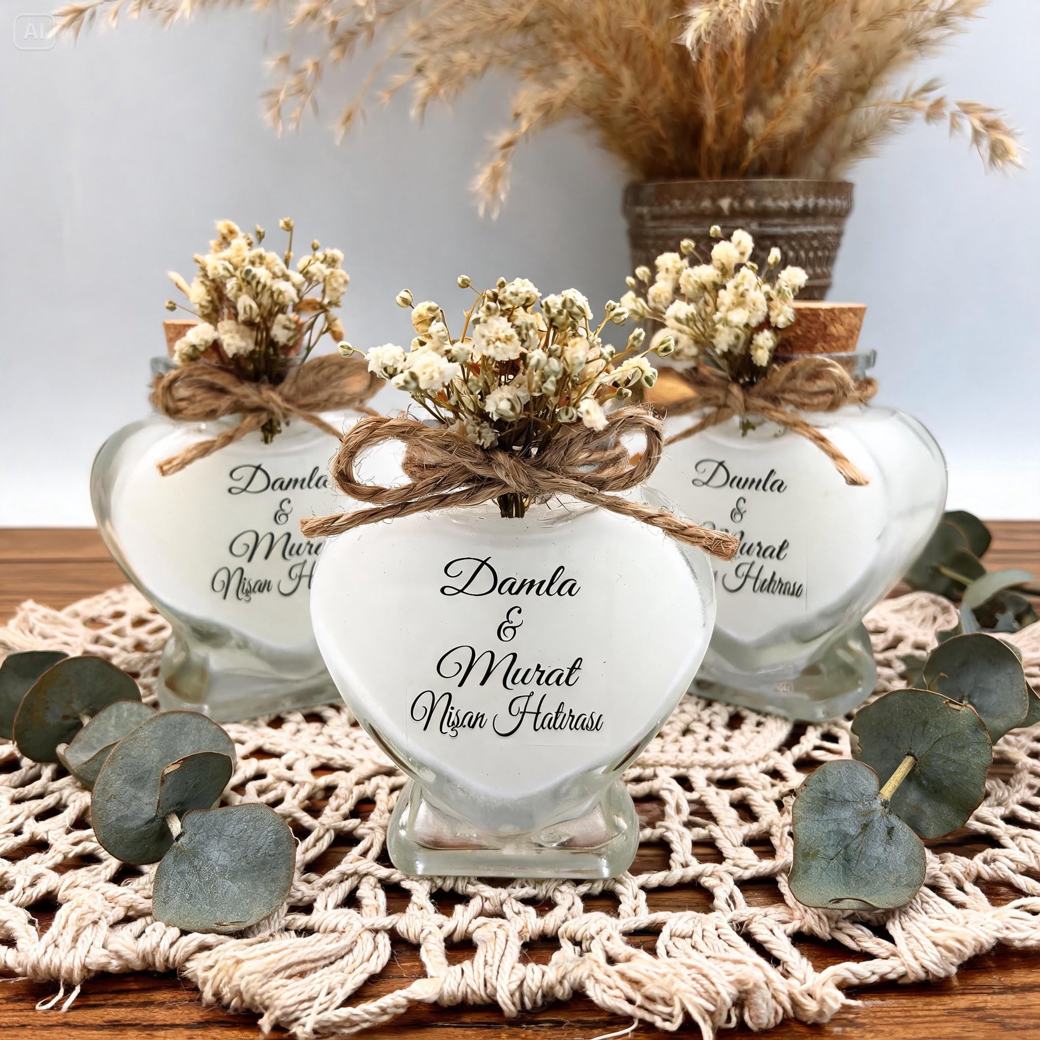 Lot de 30 bougies en verre en forme de cœur avec autocollant personnalisé et fleurs séchées, cadeaux de fête prénatale (blanc)