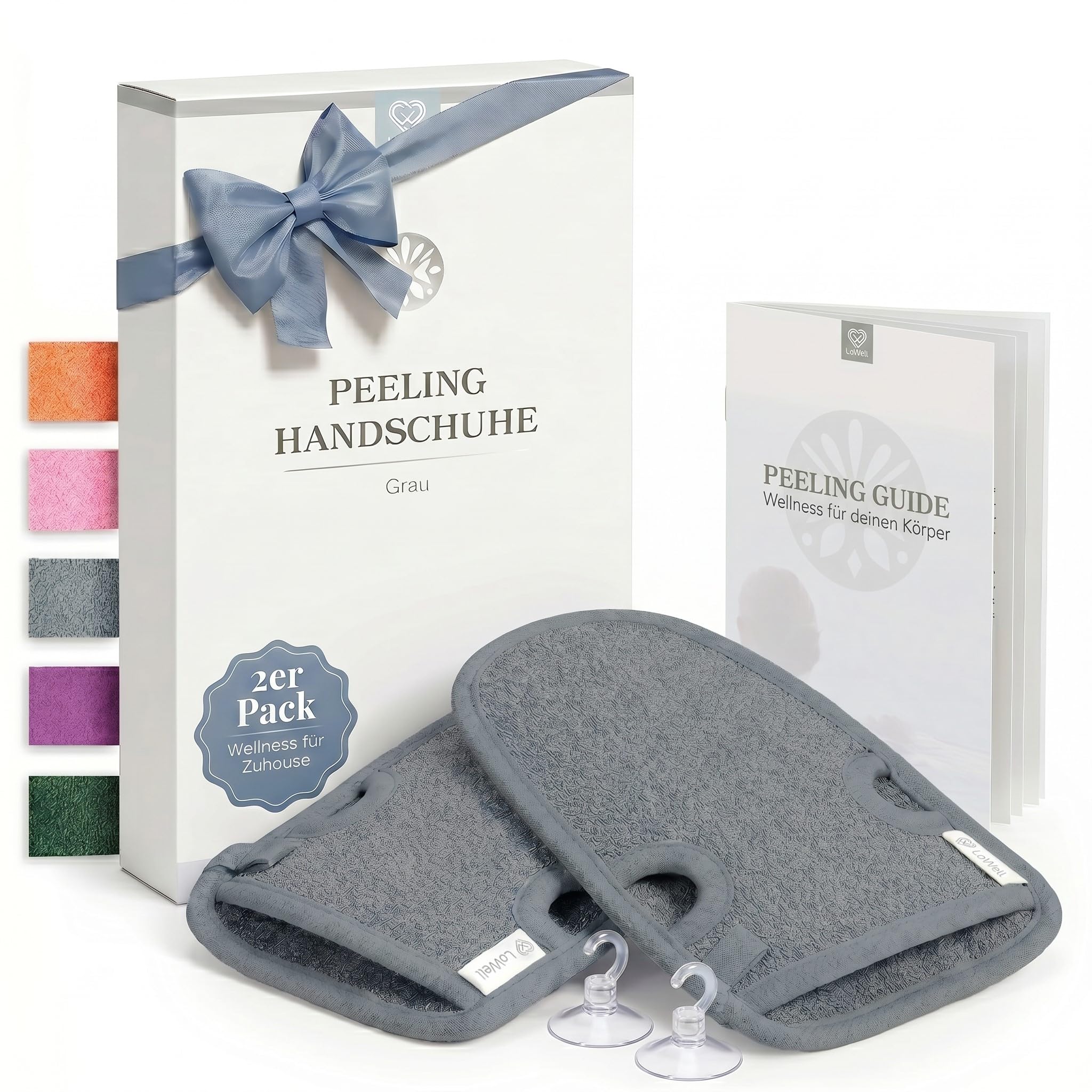 LoWell® Peelinghandschuh 2er Set – Hamam Handschuh für Körper & Gesicht – effektiver Peeling Handschuh zur Hautreinigung – inkl. Peeling Guide & 2 Saugnäpfe – Grau