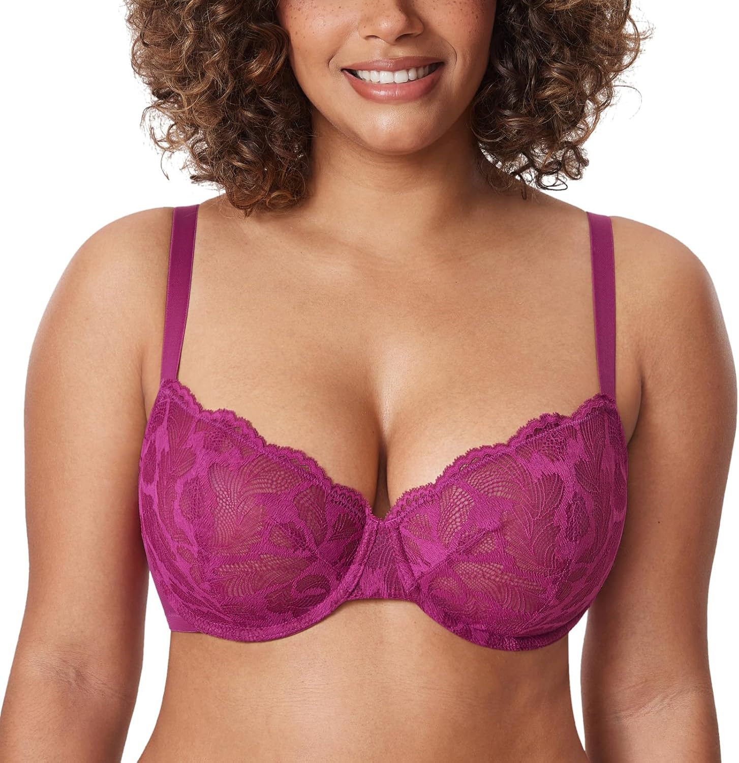 DELIMIRA Women's Balconette Bra Plus Size Lace Sexy Underwire Unlined Push Up See Through Bras