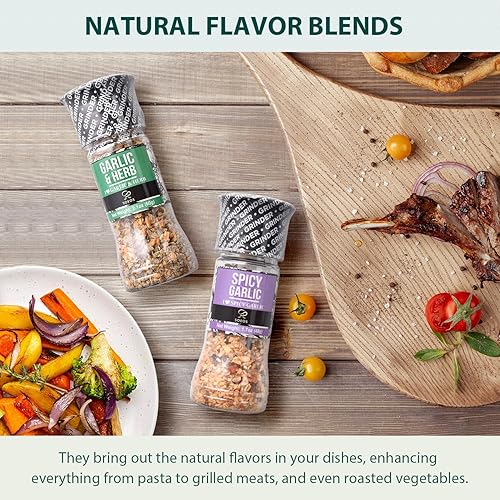 Vista 7 de Soeos Juego de 3 condimentos para especias con molinillos integrados, ajo picante, ajo y hierbas, sal de ajo, juego de regalo de condimentos.