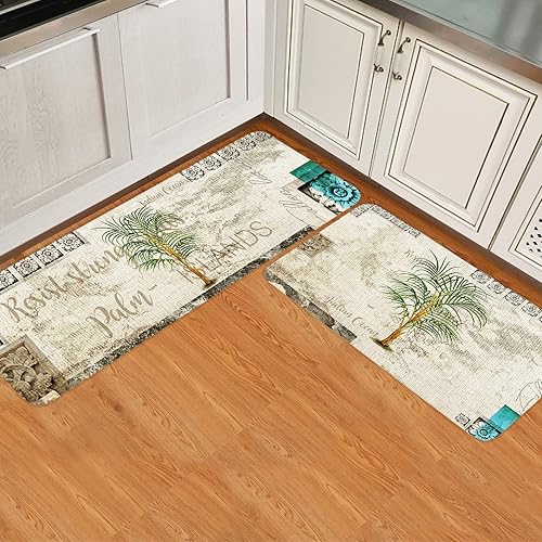 Miniatura 2 de Juego de 2 alfombras de cocina de palmera estilo vintage botánico botánico de verano textura de arpillera antideslizantes acolchadas cómodas 20 x 32