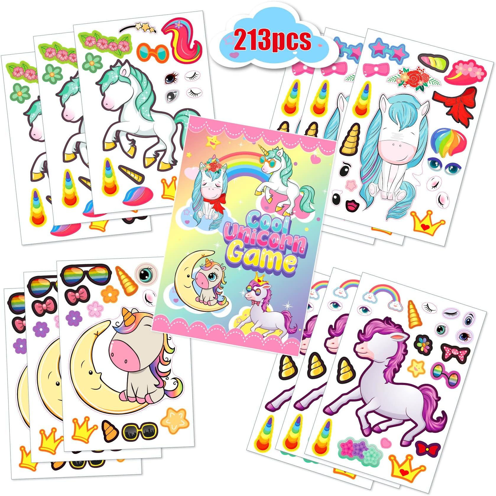RRONGKids Toddlers Reusable Sticker Books, Window Clings Laptop Stickers Vinyl Stickers for Kids,Durable and Non-Adhesive,Waterproof Educational Learning Toys,Early Educational Sticker Toy (Unicorn)