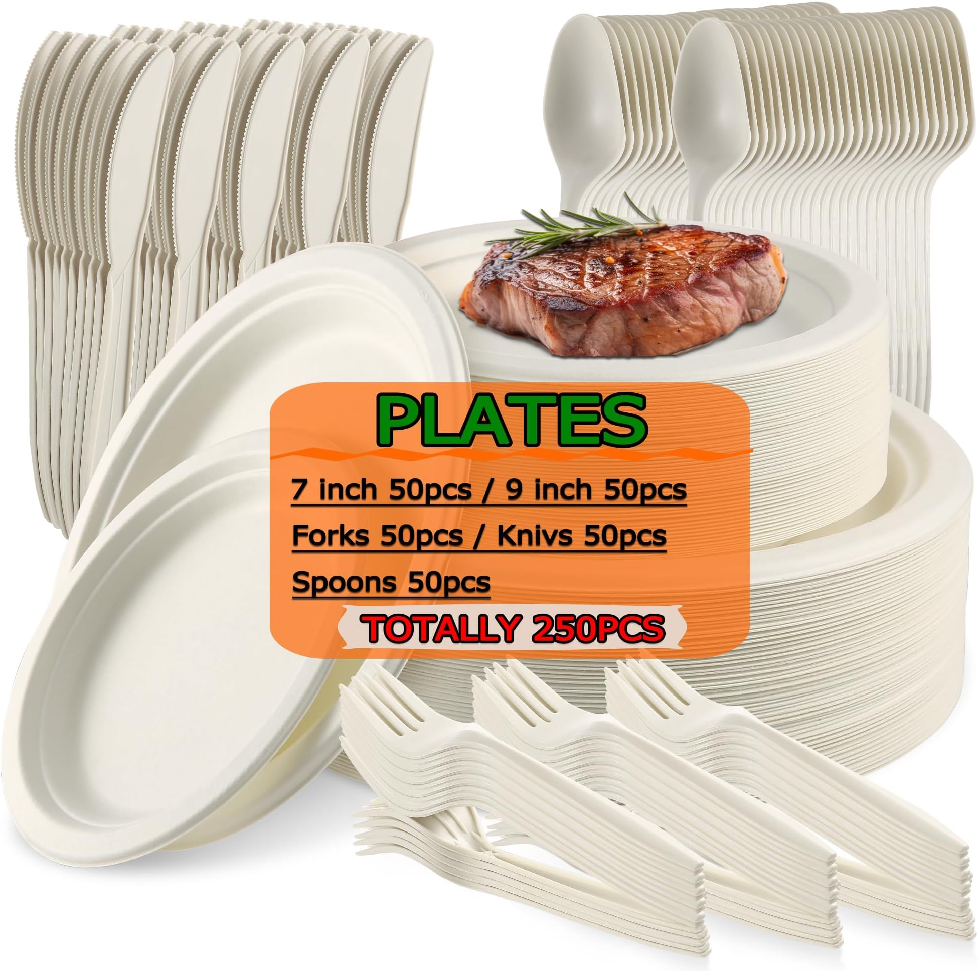 GeomateCompostable Paper Plates Set 250pcs, Paper Plates Heavy Duty, Dinner Plates Set Eco-Friendly Disposable Sugarcane Paper Plates Set Cornstarch Forks Knives Spoons for 50 People White