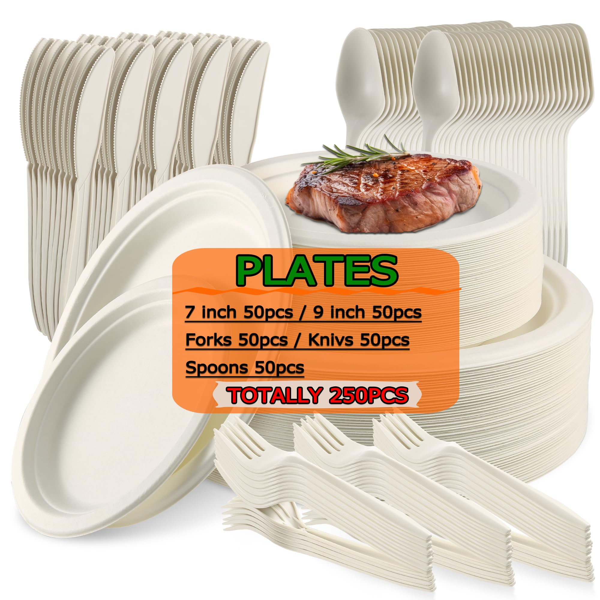 GeomateCompostable Paper Plates Set 250pcs, Paper Plates Heavy Duty, Dinner Plates Set Eco-Friendly Disposable Sugarcane Paper Plates Set Cornstarch Forks Knives Spoons for 50 People White