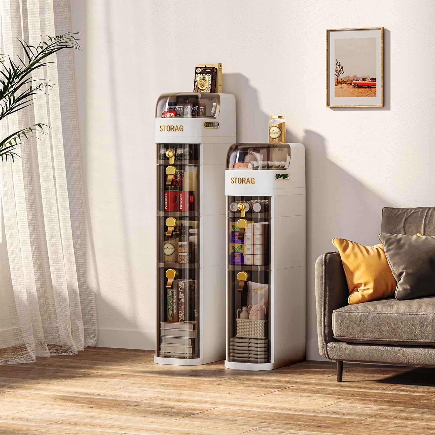 4-Tiers Slim Bathroom Storage Cabinet, Plastic Narrow Rolling Bathroom Floor Organizer with Drawers & Tissue Box for Small Spaces Laundry Kitchen Living Room, Waterproof & No Installation