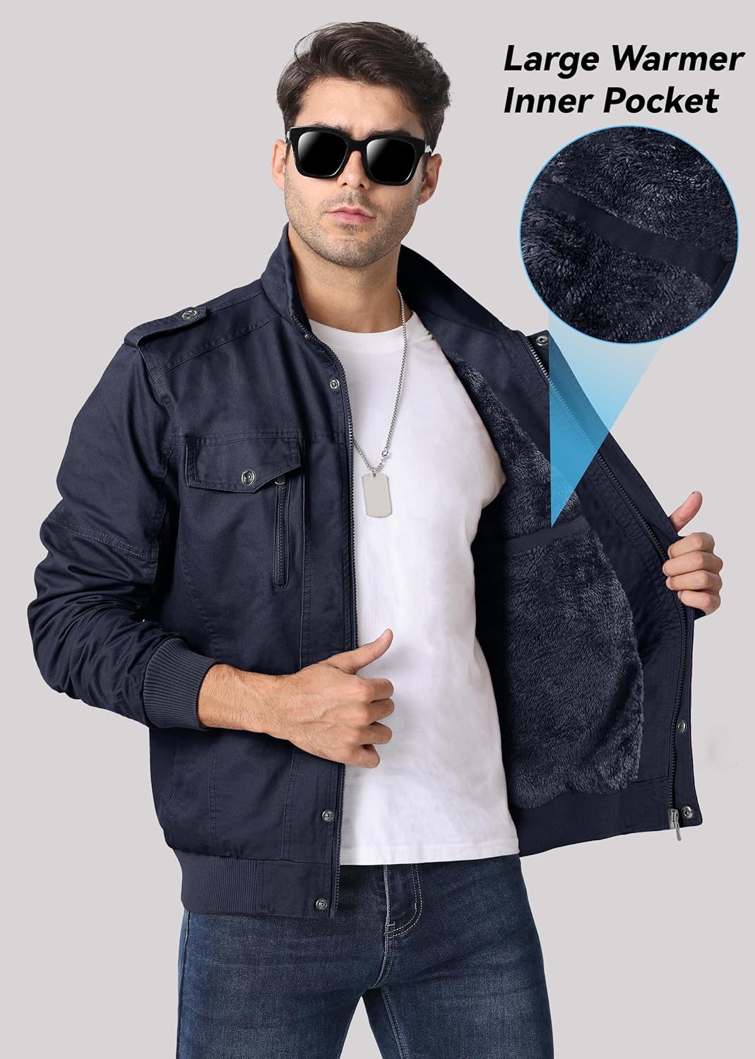 EKLENTSON Men's Winter Jacket with Multi Pockets Zip Front Thick Thermal Fleece Lined Coat Work Cargo Jacket for Men - Image 5