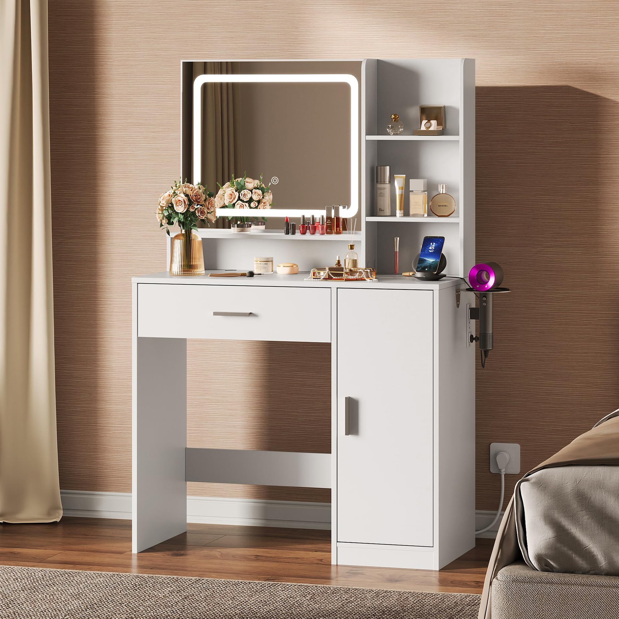Modern Makeup Vanity Desk with Mirror and Lights, Dressing Table with Storage Drawers and 3 Open Shelves for Bedroom, Makeup Table with Power Outlets and Hairdryer Holder, White