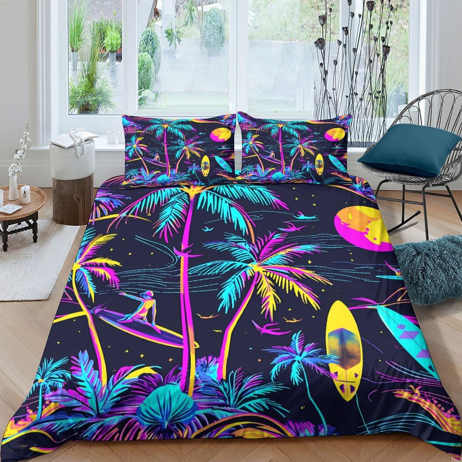 Ctjqhvkz Style-3 3D Printed Neon Palm Tree Fitted Sheet Microfiber Soft Breathable Surfboard Bed Cover For Bedroom Dorm Mattress Decor Single（135X200cm）