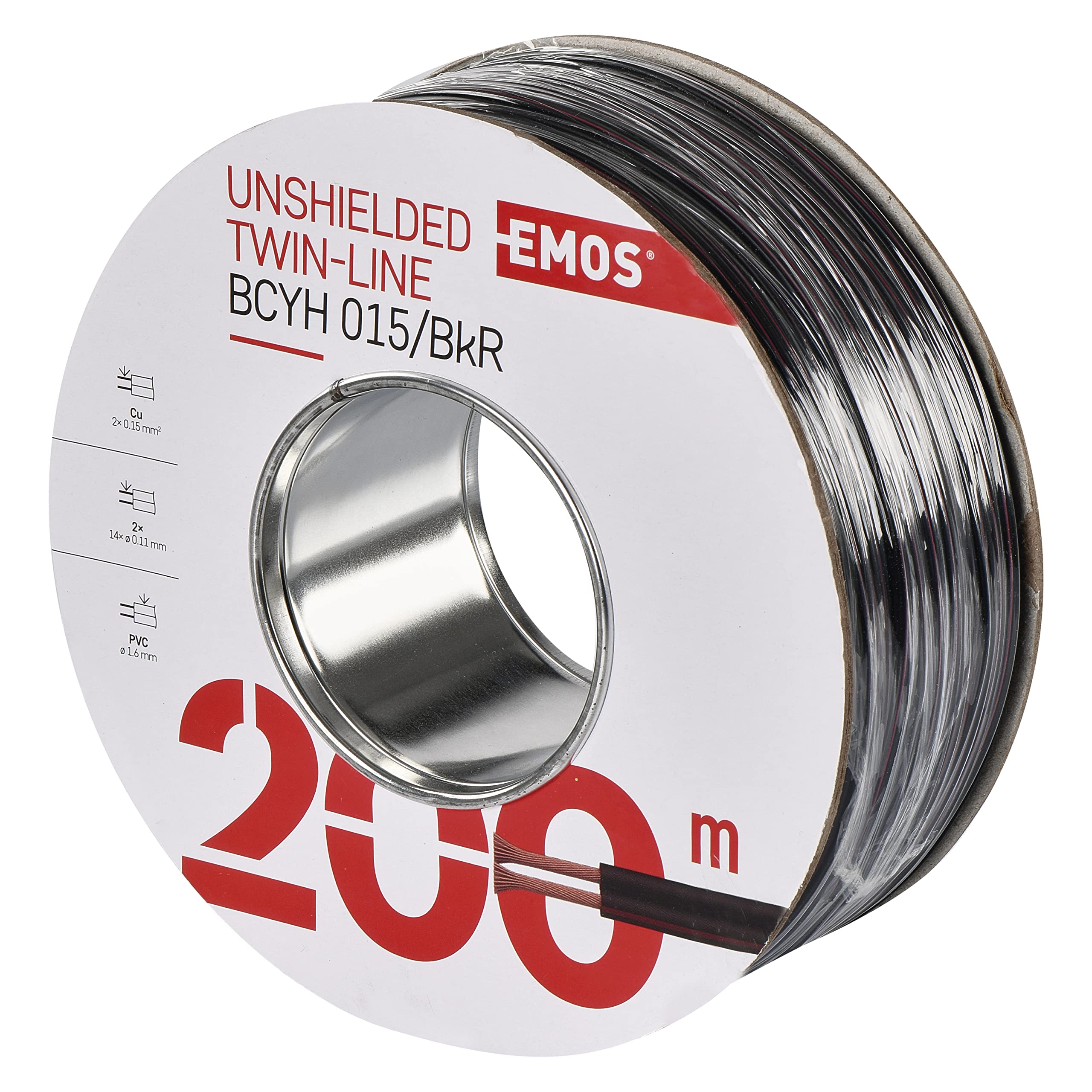 EMOS Copper Cable 2 x 0.15 mm², 200 Metres Pure Copper for Low Voltage Black with Red Polarity Marking