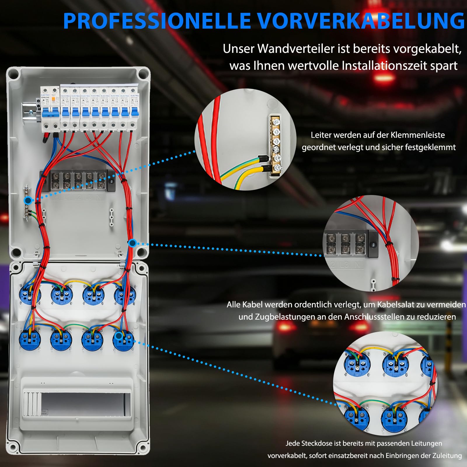 TEOV Baustromverteiler mit LS+FI, Wandverteiler 8x 230V Schuko Steckdosen, IP65/IP44 Wasserdicht Vorverkabelt Stromverteiler, Robuster Verteiler für Innen und Außen Baustelle Werkstätten Fabriken