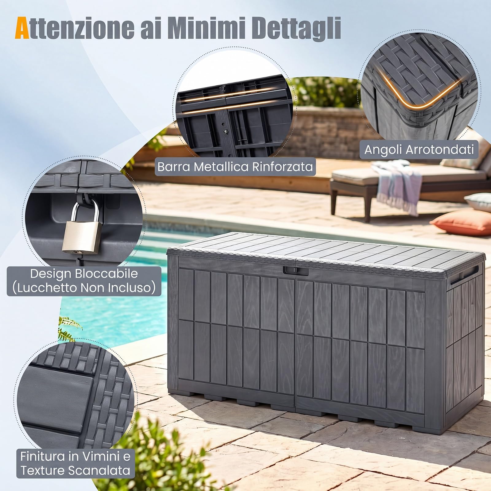 COSTWAY 455 L Cassapanca Contenitore, Contenitore da Esterno in PP Resistente alle Intemperie con Coperchio e Foro della Serratura per Soggiorno, Giardino e Bordo Piscina (132 x 61 x 65 cm,Grigio)