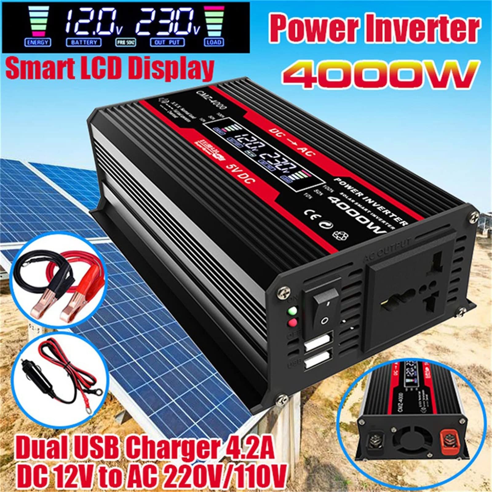 Falownik 4000W zmodyfikowana fala sinusoidalna przetwornica napięcia 12V 220 fala sinusoidalna 12V do 220 do generatora konwerterów domowych z przetwornicą częstotliwości ładowania LCD(4000W Red)