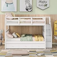 Vista 34 de Harper & Bright Designs Litera de tamaño matrimonial sobre matrimonial con 3 cajones, litera de madera maciza con almacenamiento y riel