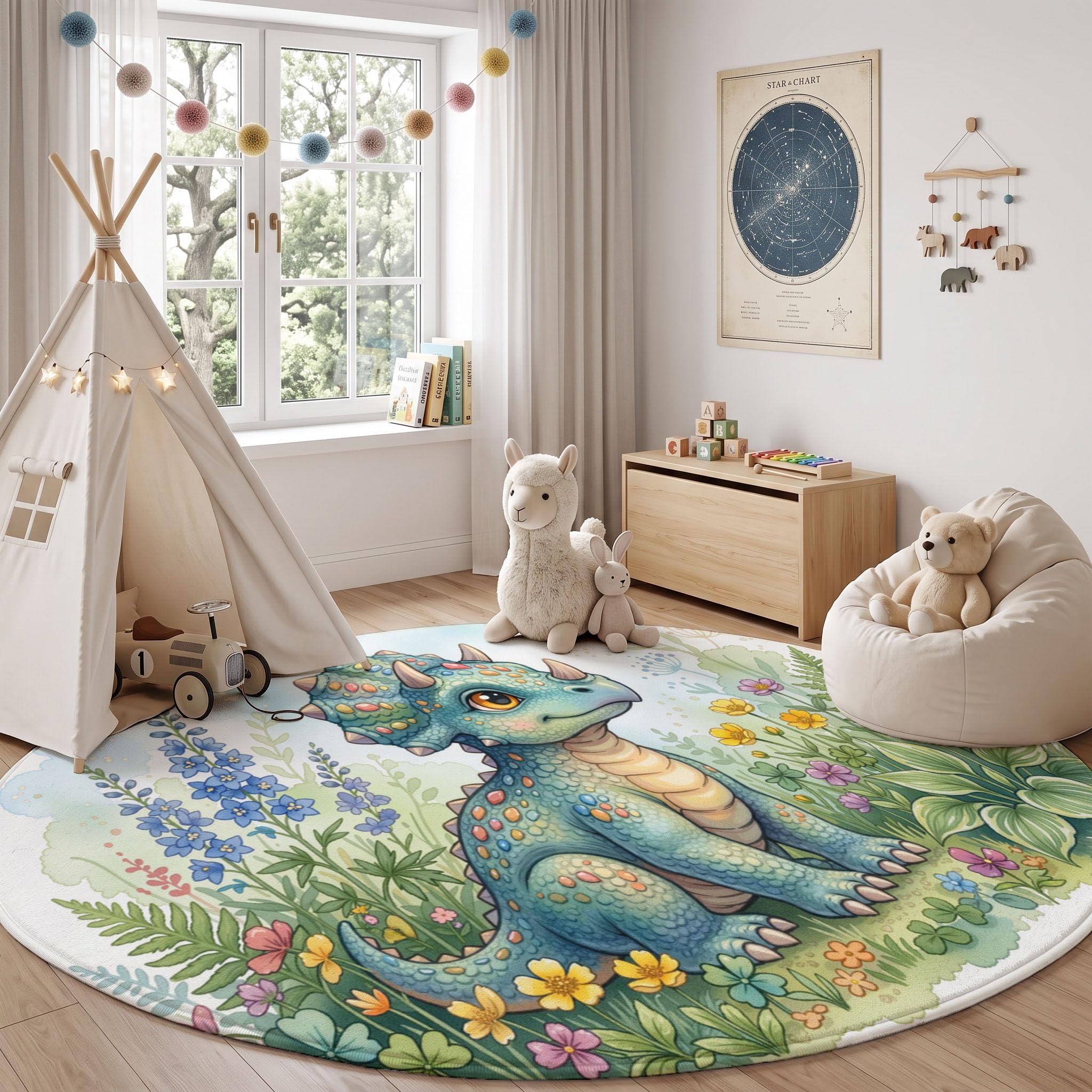 Tapis Salon Rond 100cm Parterre De Fleurs Tricératops Lavable | Antidérapant Poil Ras Tapis Rond Animaux Mignons À L'Aquarelle pour Chambre Salle a Manger Salon Décoration D'intérieur