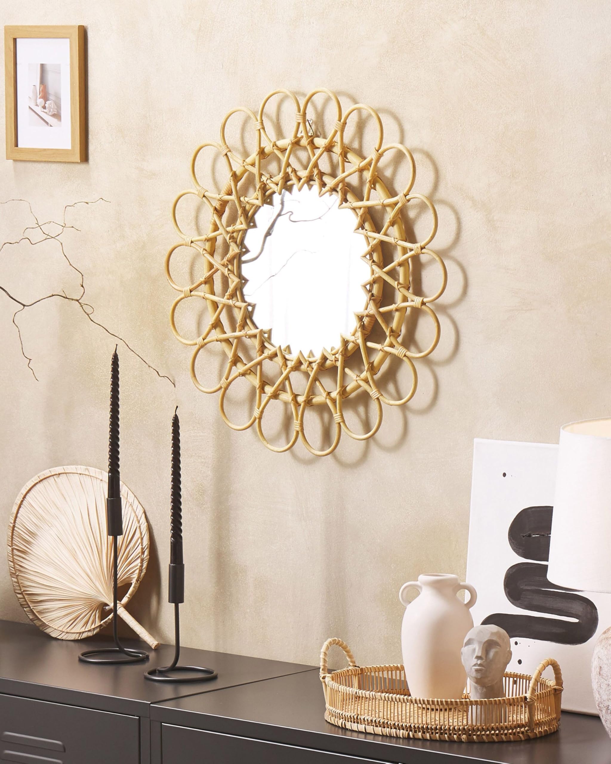 Miroir Mural Rond Moderne en Rotin Forme de Soleil ø 60 cm Naturel Babai