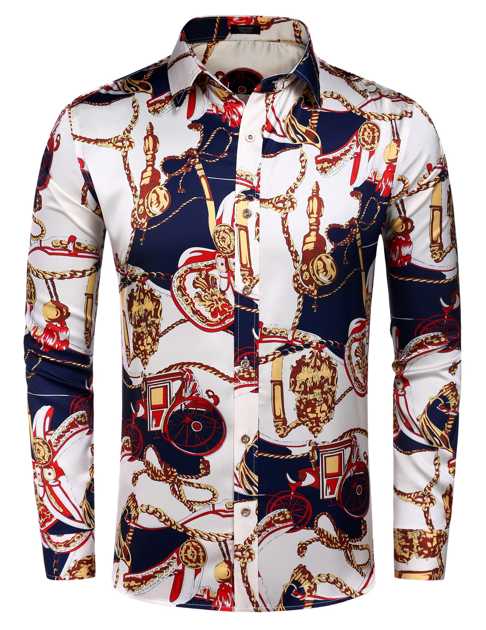 Men's Luxury Printed Silk Like Satin Dress Shirt Stylish Button Down Shirt for Party Prom