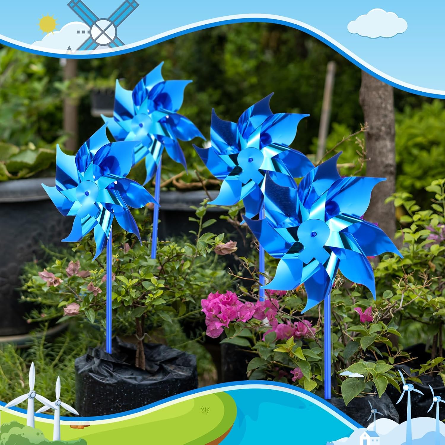 Deekin 50 Pcs Blue Pinwheels Bulk for Health Awareness Pinwheels for Yard and Garden Reflective Pin Wheel Spinners Toy