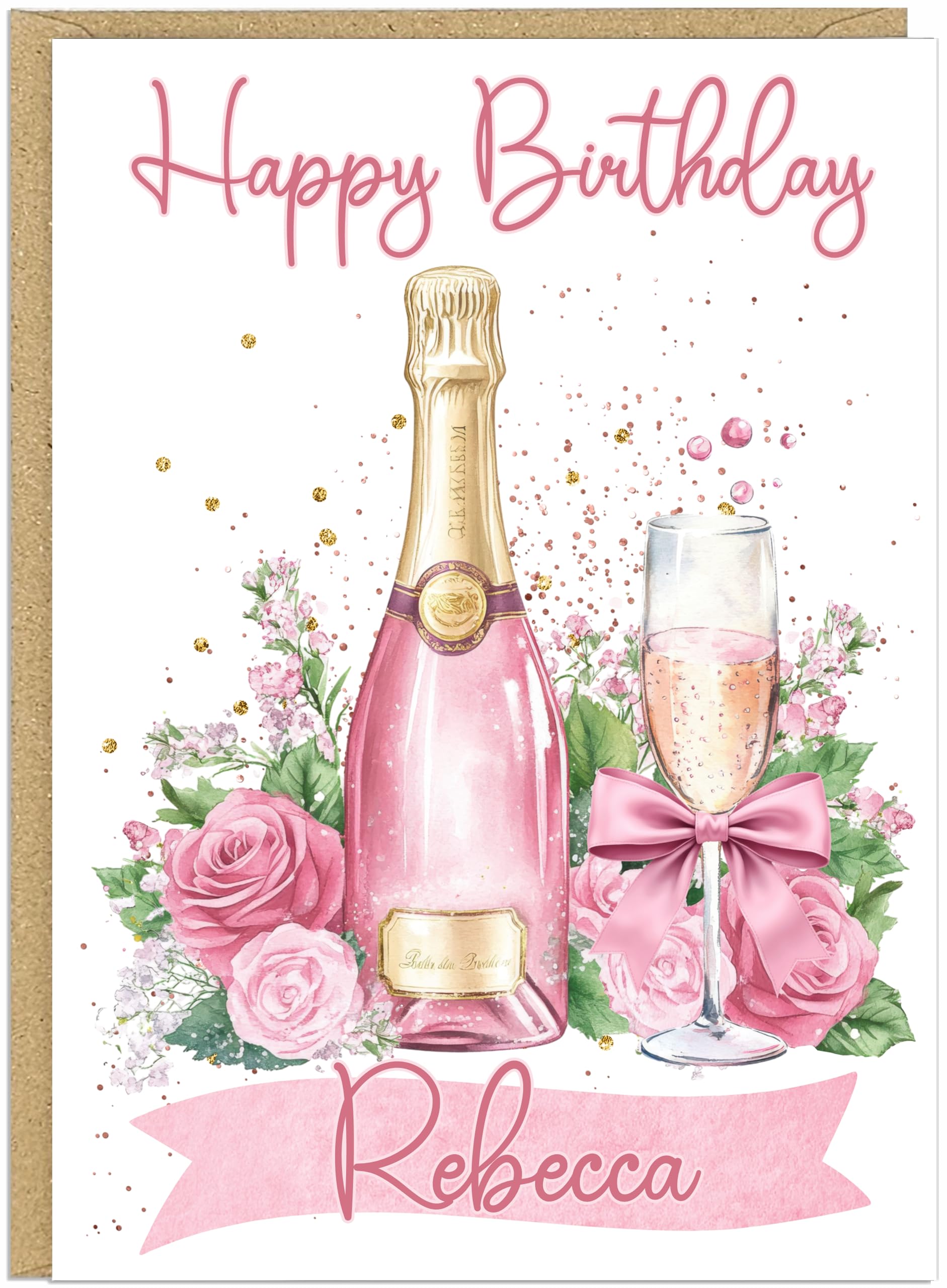 Personalised Pink Champagne Birthday Cards for Her - Luxury Prosecco - 5 Colours Including Rose Gold Blush Pink Customised Own Name and Text A5 Female Alcohol Themed Card (Pink)