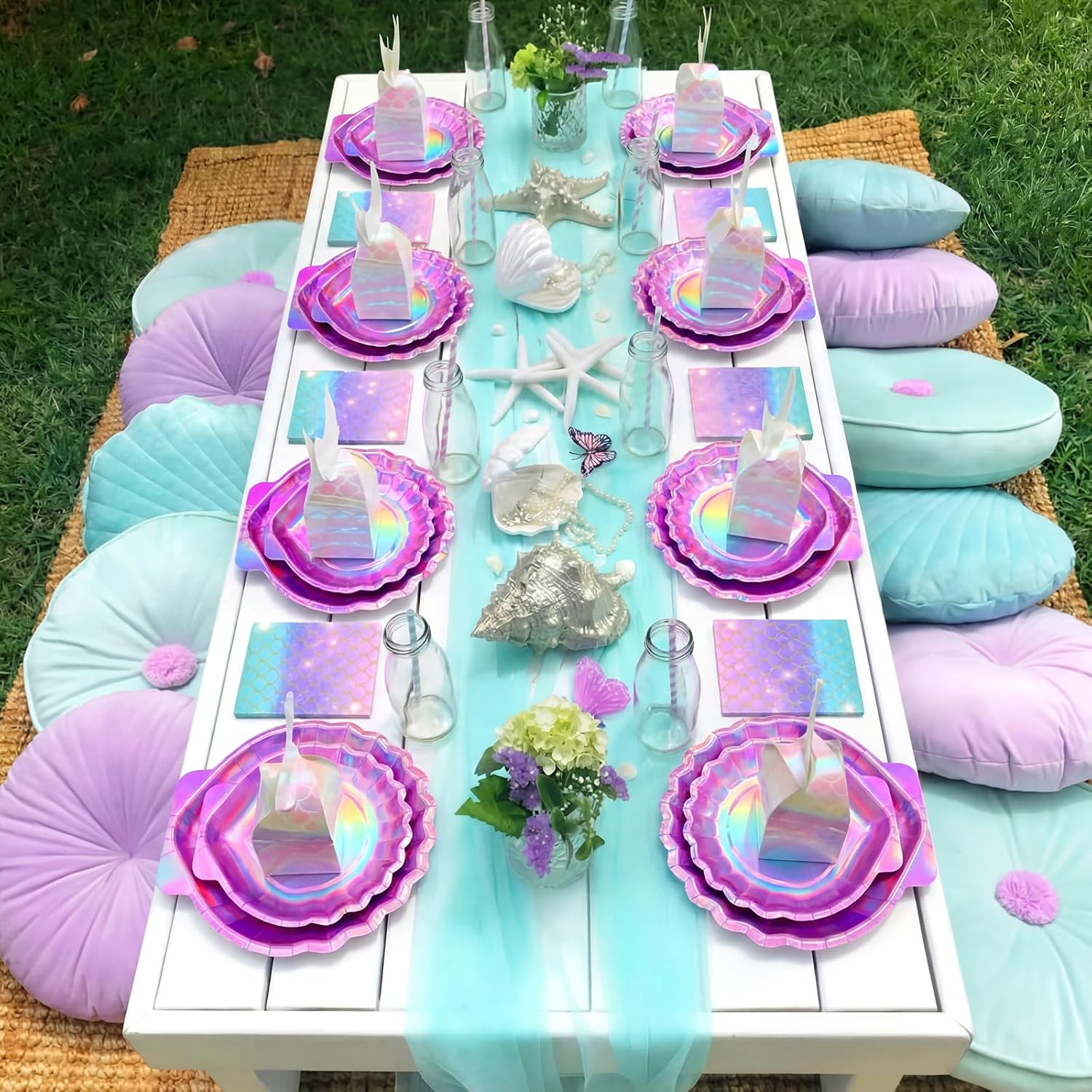 Cunhill 96 Pcs Mermaid Plates and Napkins for 24 Guests, 7 Inch 9 Inch Seashell Plates Iridescent Mermaid Party Supplies for Birthday Ocean Under The Sea Baby Shower Decoration (Laser Pink)