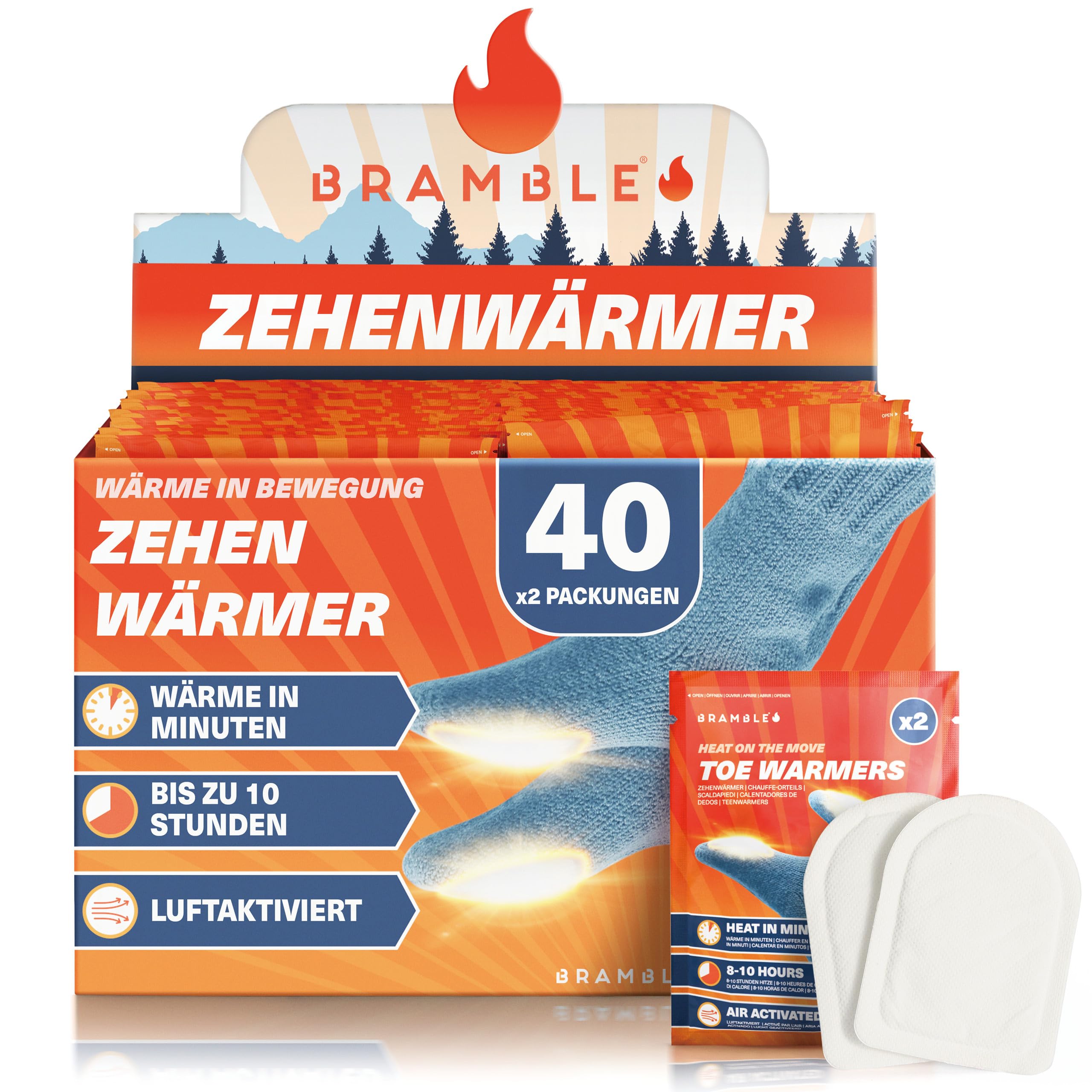 Bramble – Zehenwärmer zum Aufkleben (40 Paar, 80 insgesamt) – Ultradünne Flicken zum Aufkleben für Schuhe und Stiefel – Luftaktiviert und geruchsfrei Fußwärmer – Bis zu 10 Stunden Wärme