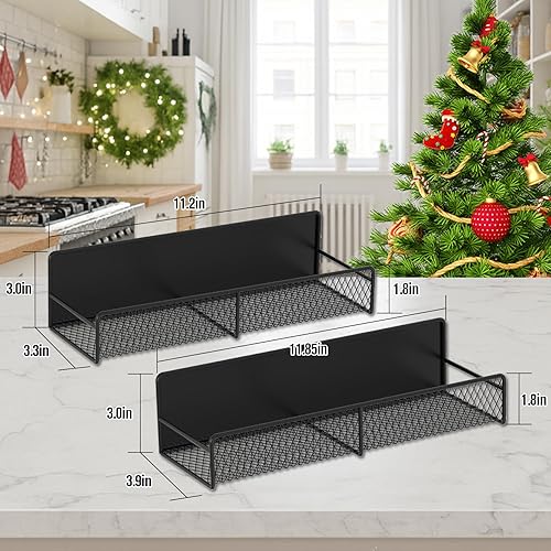 Miniatura 6 de Paquete de 2 estantes magnéticos para especias para refrigerador, estante magnético negro con 4 ganchos extraíbles, estante magnético a prueba de