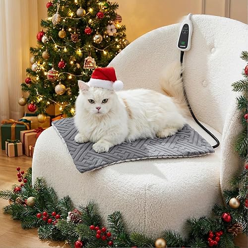 Miniatura 9 de Almohadilla térmica para gatos, 11 temperaturas ajustables y 25 opciones de temporizador, cama climatizada para gatos impermeable con cable
