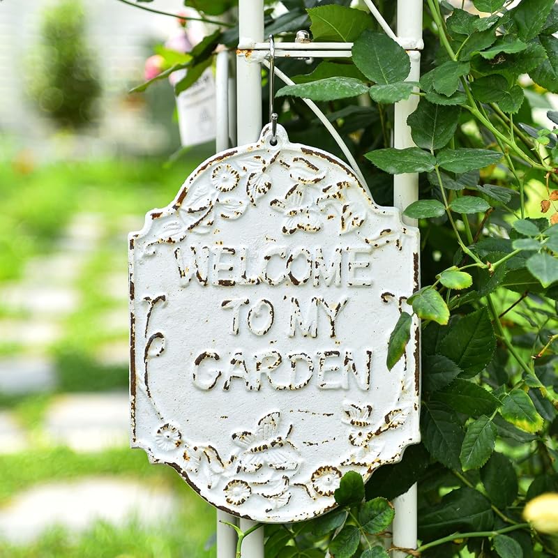 Sungmor Placa rústica para colgar al aire libre con letrero "Bienvenido a mi jardín" de hierro fundido | Marcador de pared decorativo para valla de Patio, adorno de regalo para amantes de la jardinería, decoración del hogar