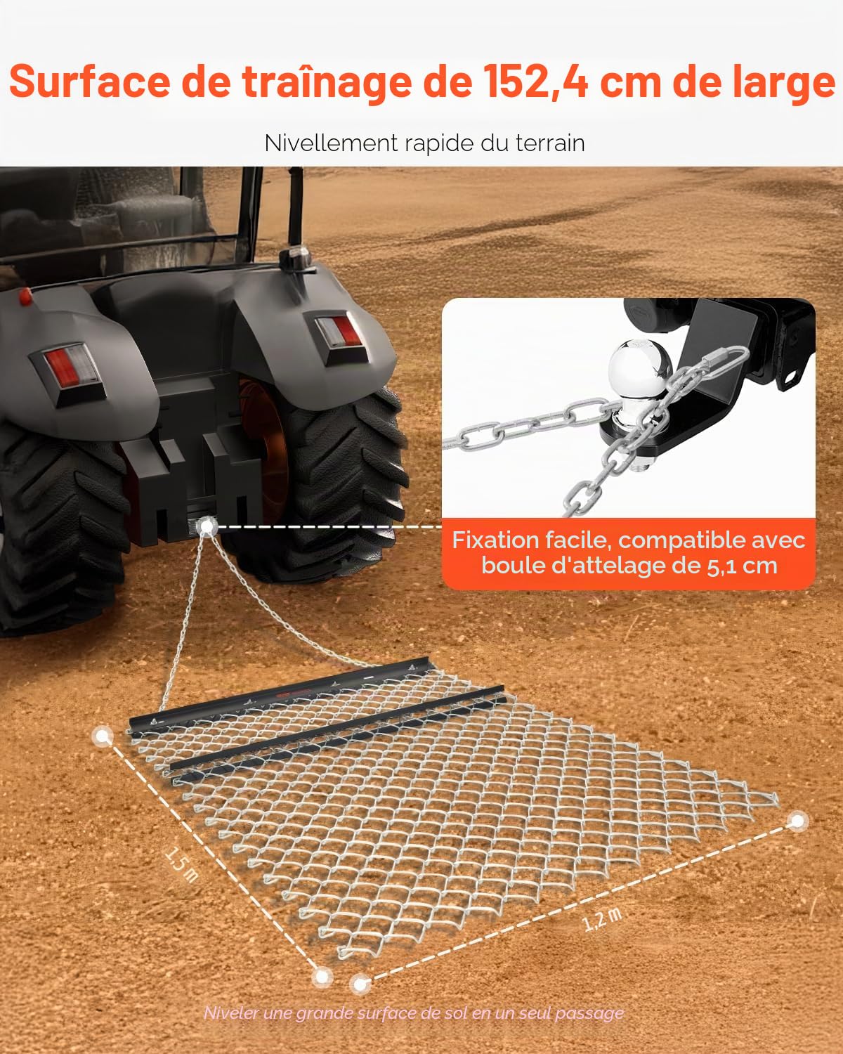 VEVOR Herse Traînée à Chaîne, 1520x1240 mm, Niveleur d'Allée Remorquable Tapis de Traînage Nivellement de Paysage Préparation de Gazon, pour Tracteur, VTT, UTV, Allée de Gravier, Ferme, Champ, Noir